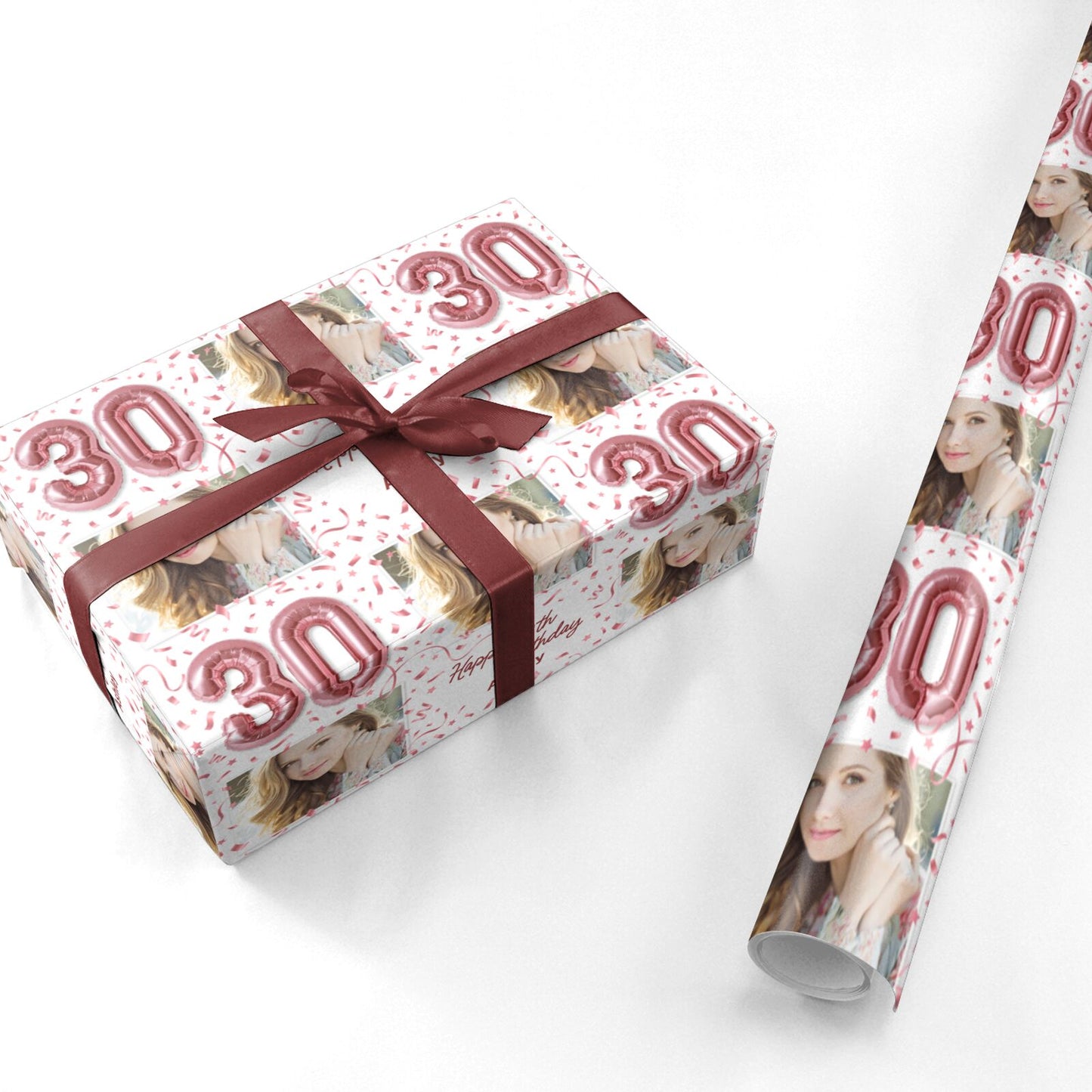 Personalised 30th Birthday Photo Rose Gold Balloons Personalised Wrapping Paper