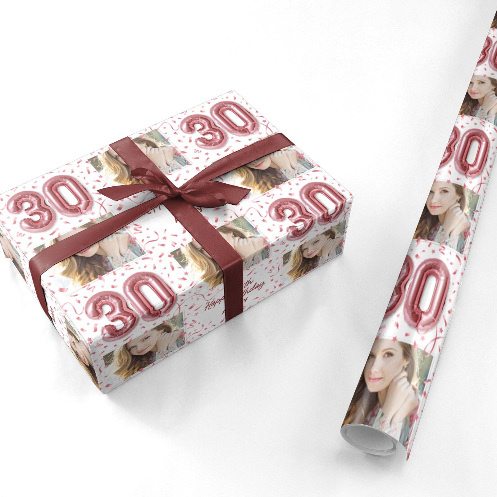 Personalised 30th Birthday Photo Rose Gold Balloons Personalised Wrapping Paper
