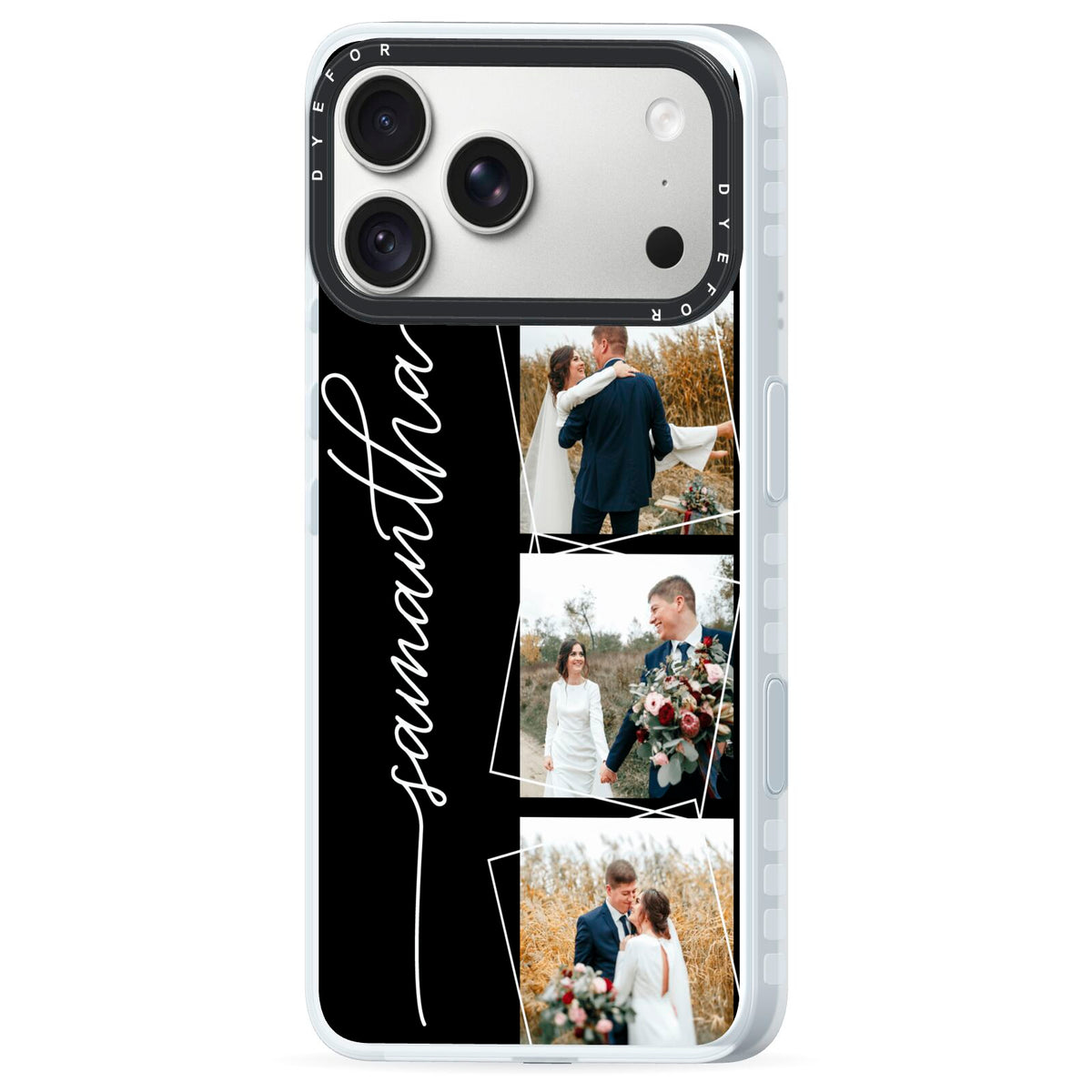 Personalised 4 Photo Couple Name iPhone 18 Pro Black Impact Pre order Case Side Angle on Silver phone