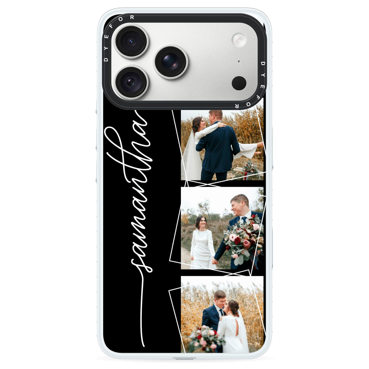 Personalised 4 Photo Couple Name iPhone 18 Pro Black Impact Pre order Case on Silver phone