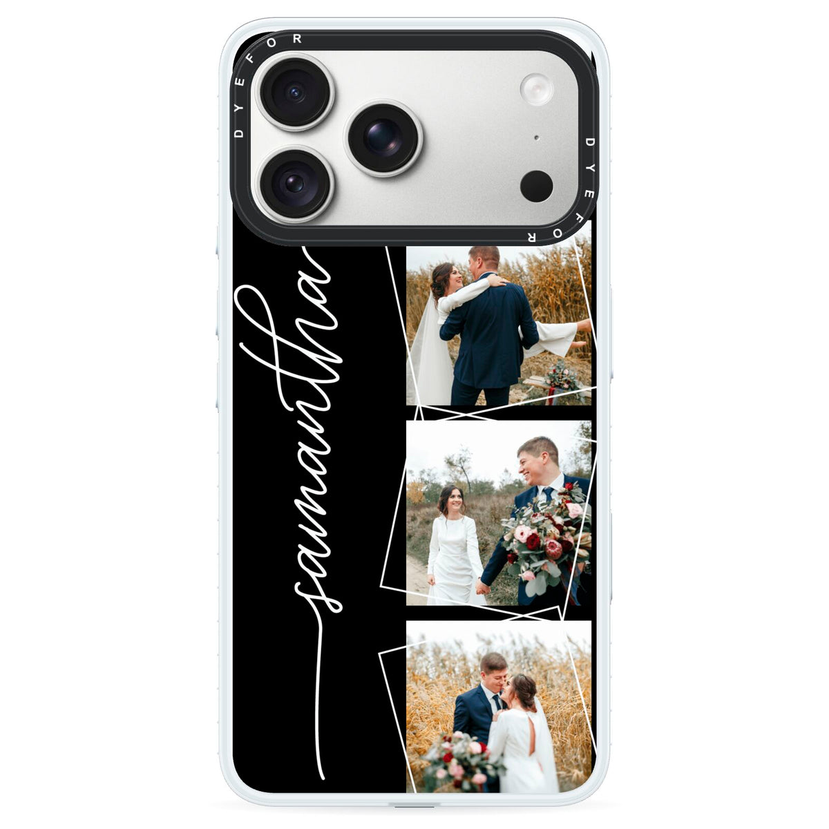 Personalised 4 Photo Couple Name iPhone 18 Pro Max Black Impact Pre order Case on Silver phone