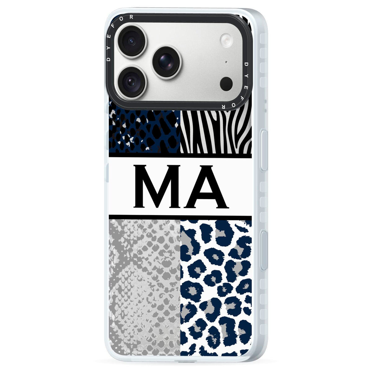 Personalised Animal Print iPhone 18 Pro Max Black Impact Pre order Case Side Angle on Silver phone