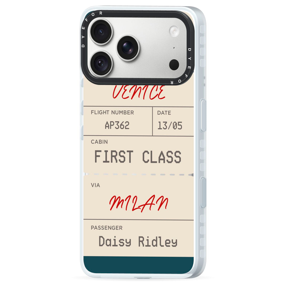 Personalised Baggage Tag iPhone 18 Pro Black Impact Pre order Case Side Angle on Silver phone