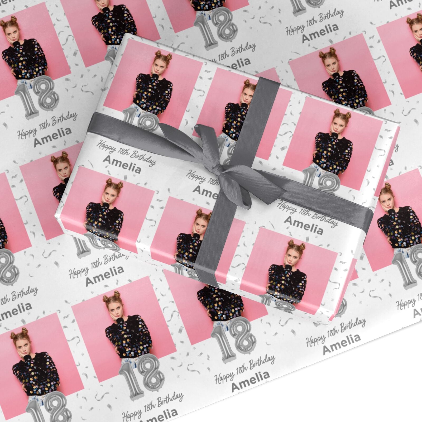 Personalised Birthday Silver Number Balloon Photo Custom Wrapping Paper