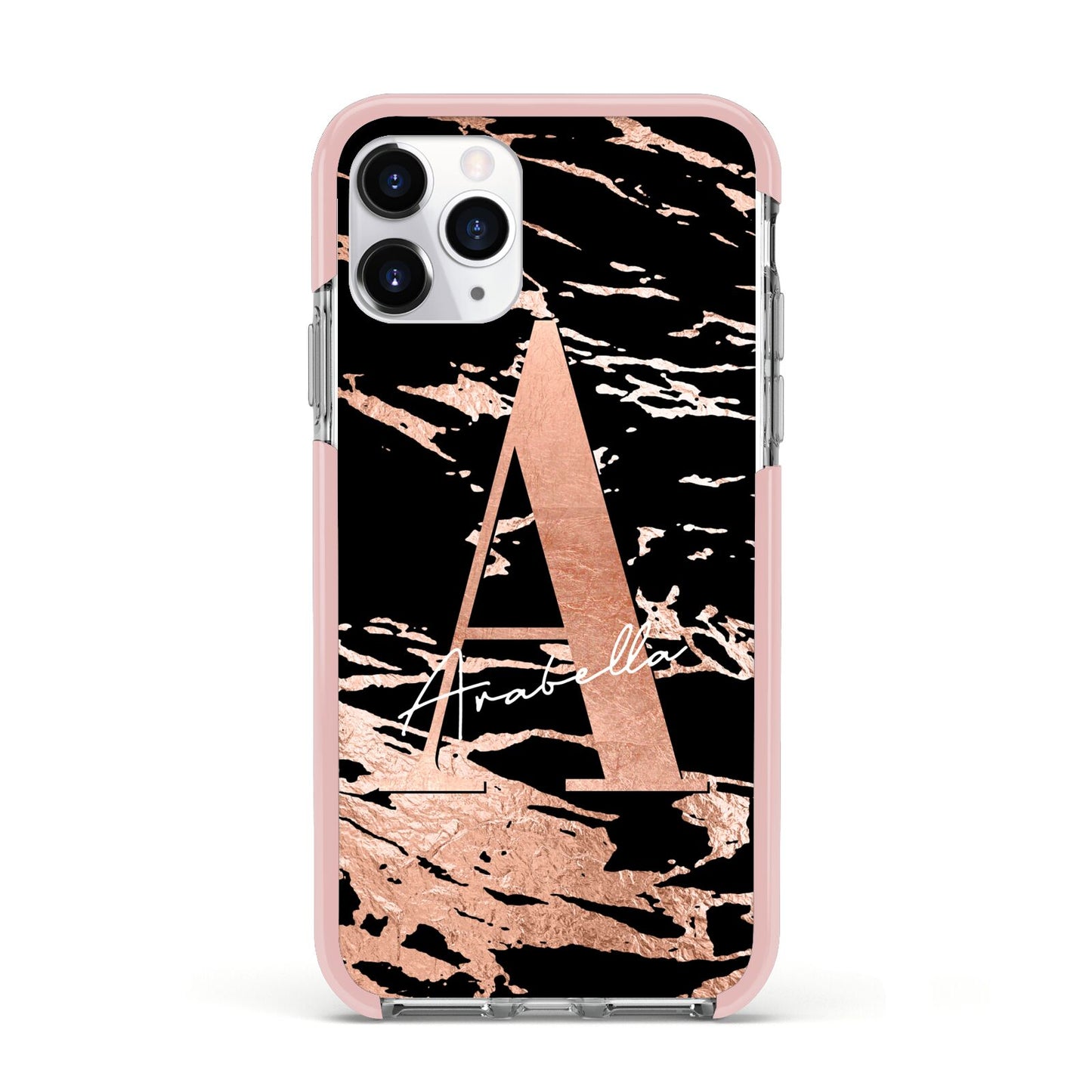Personalised Black Copper Marble Apple iPhone 11 Pro in Silver with Pink Impact Case