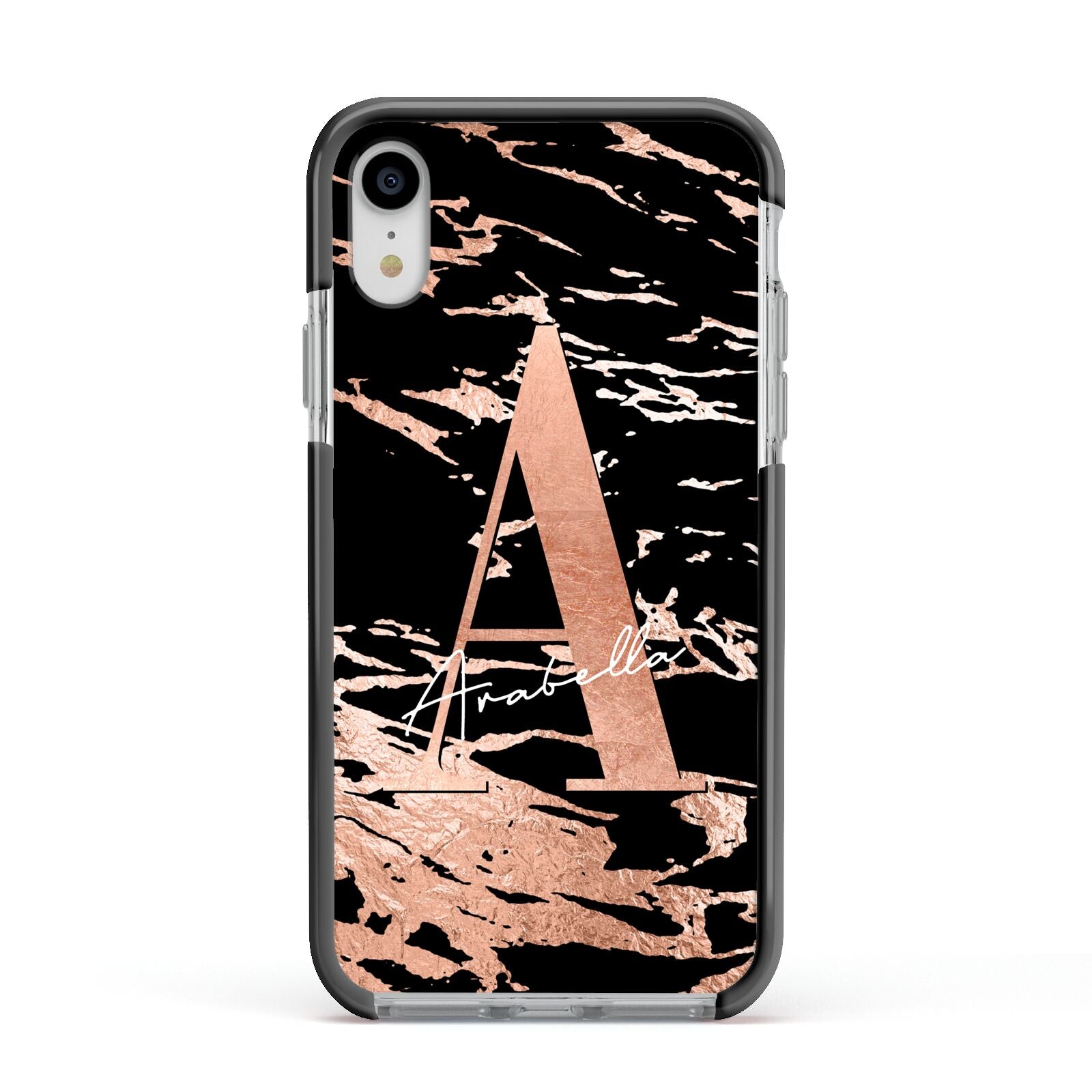 Personalised Black Copper Marble Apple iPhone XR Impact Case Black Edge on Silver Phone