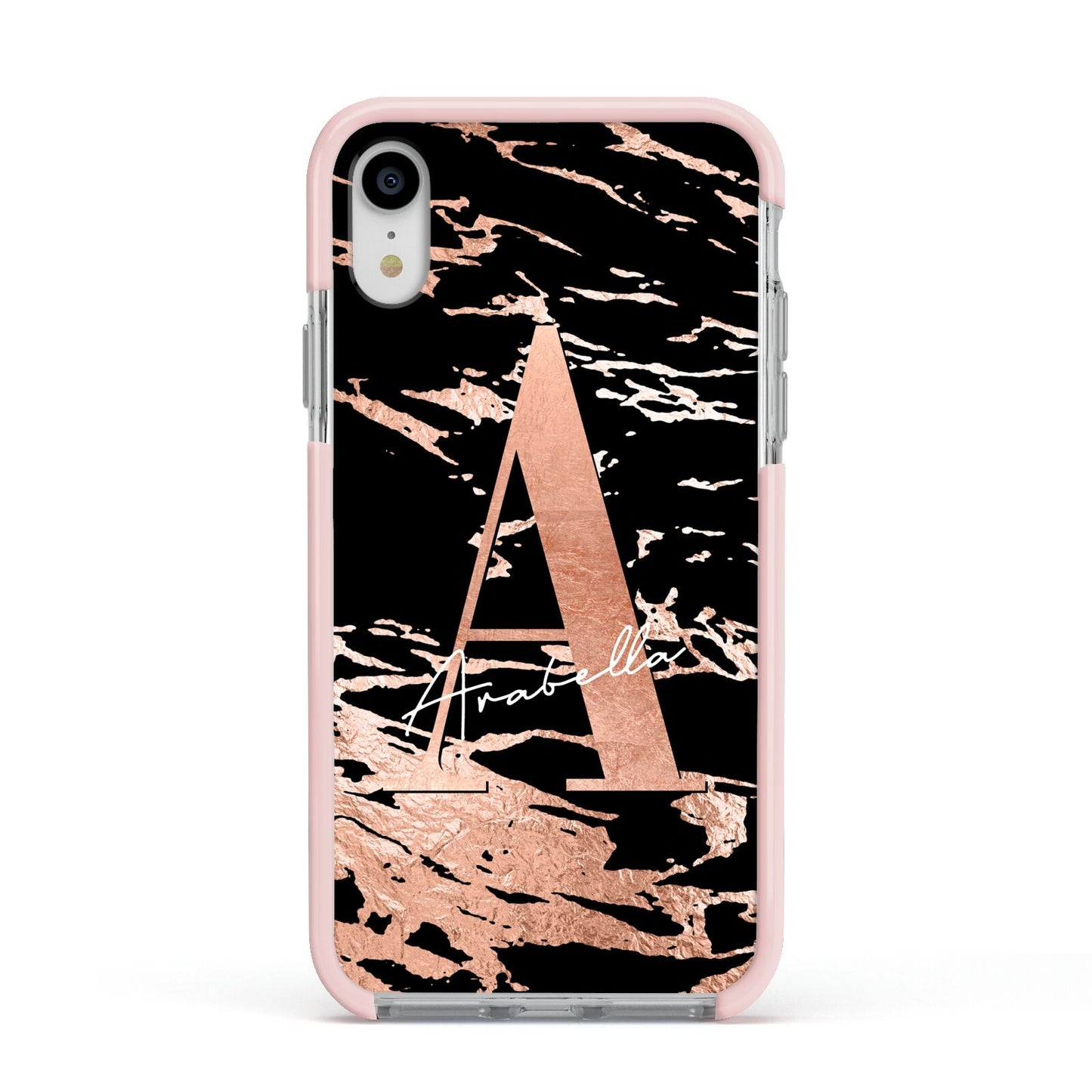 Personalised Black Copper Marble Apple iPhone XR Impact Case Pink Edge on Silver Phone