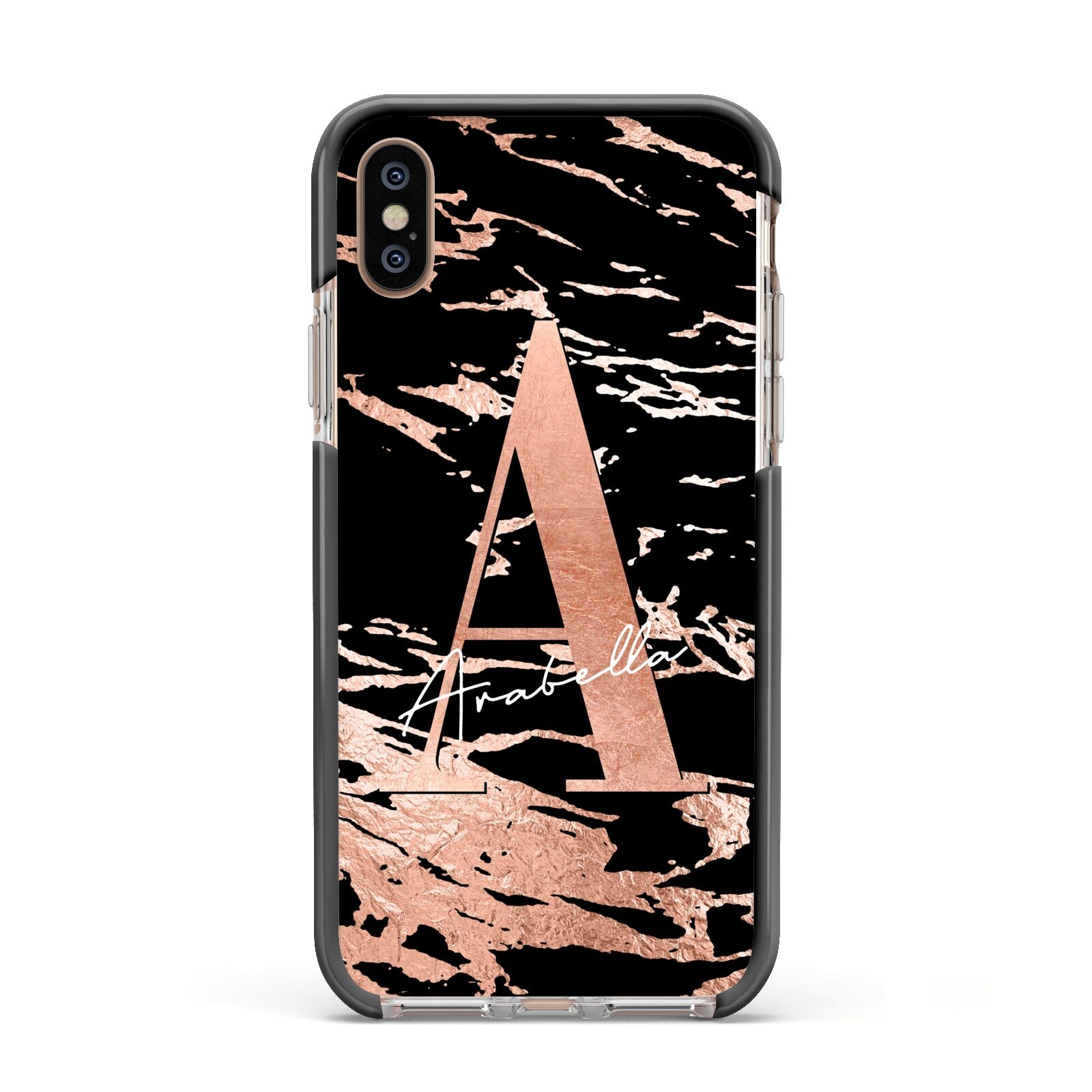 Personalised Black Copper Marble Apple iPhone Xs Impact Case Black Edge on Gold Phone