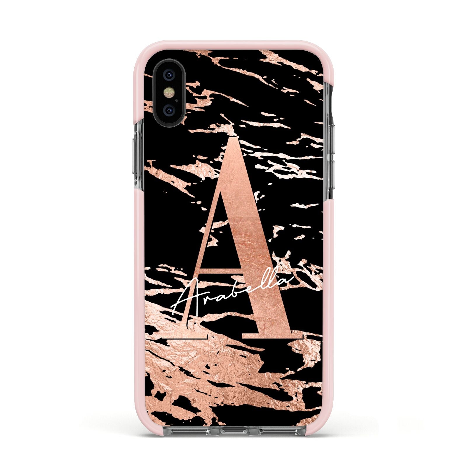 Personalised Black Copper Marble Apple iPhone Xs Impact Case Pink Edge on Black Phone