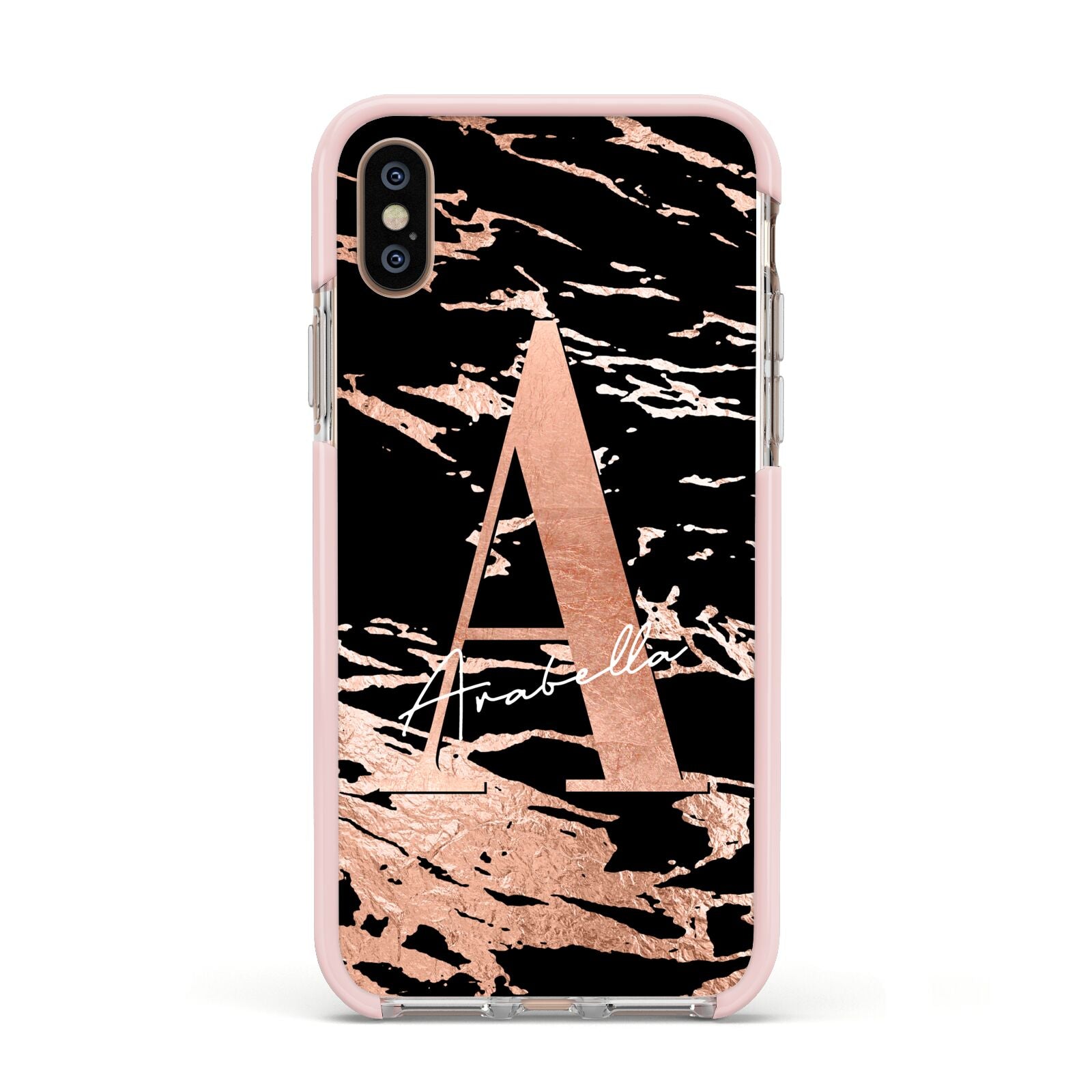 Personalised Black Copper Marble Apple iPhone Xs Impact Case Pink Edge on Gold Phone