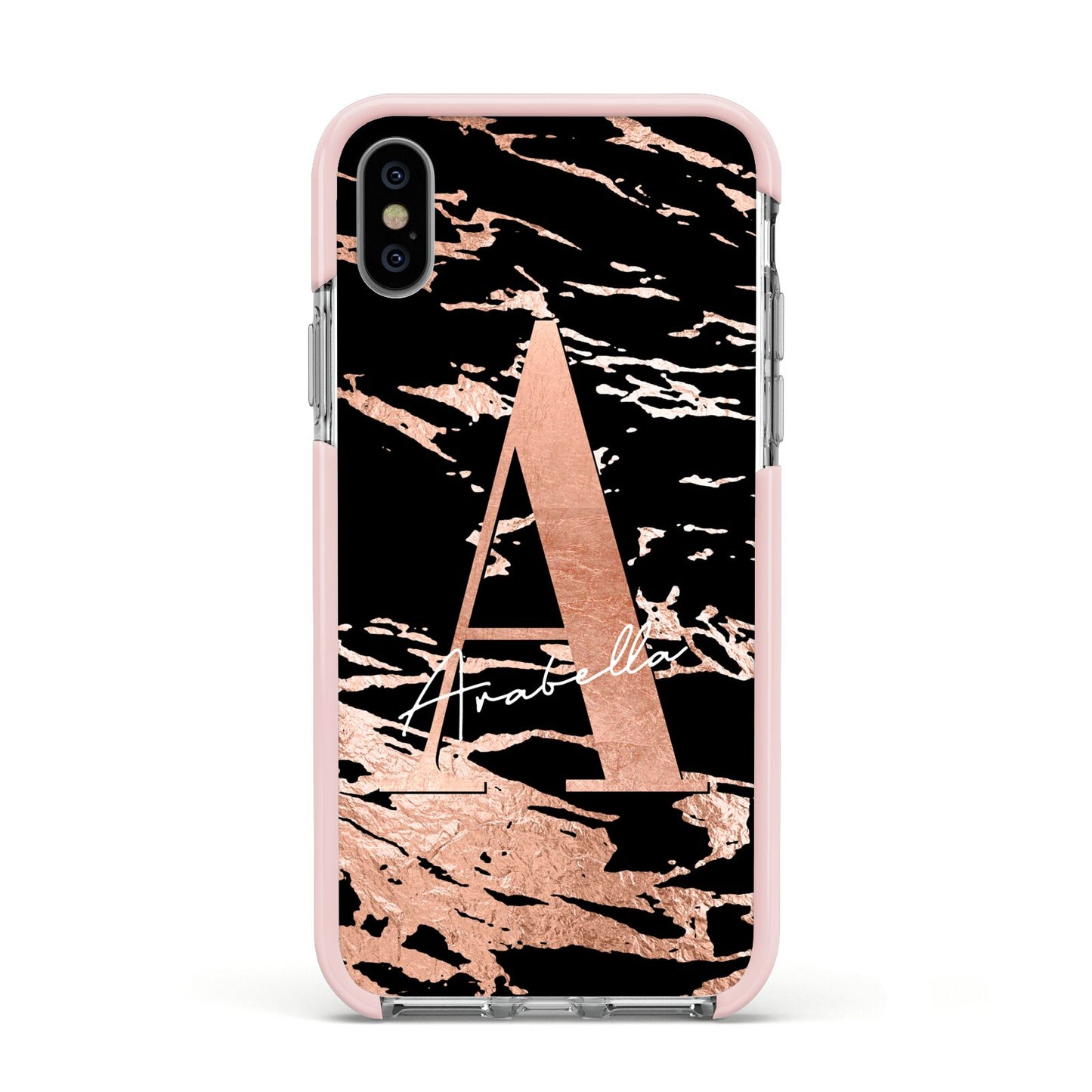 Personalised Black Copper Marble Apple iPhone Xs Impact Case Pink Edge on Silver Phone