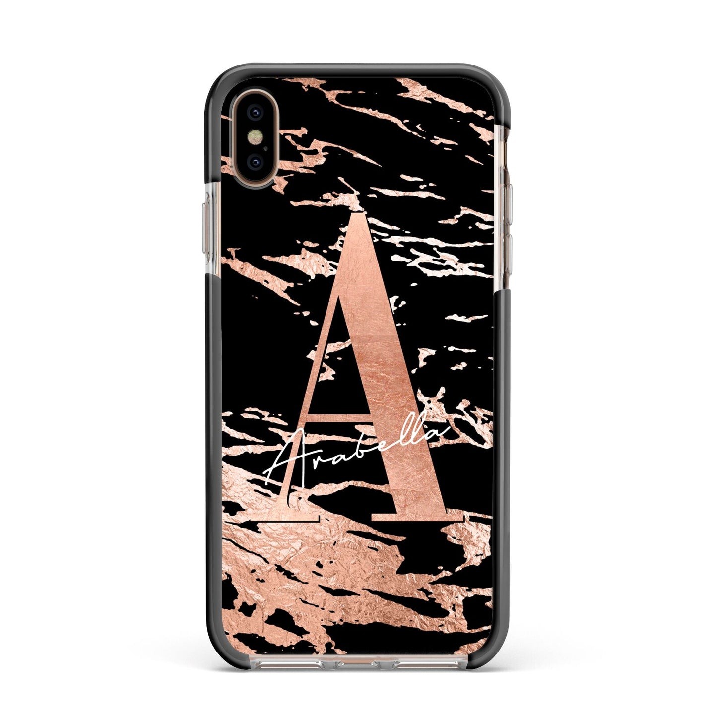 Personalised Black Copper Marble Apple iPhone Xs Max Impact Case Black Edge on Gold Phone