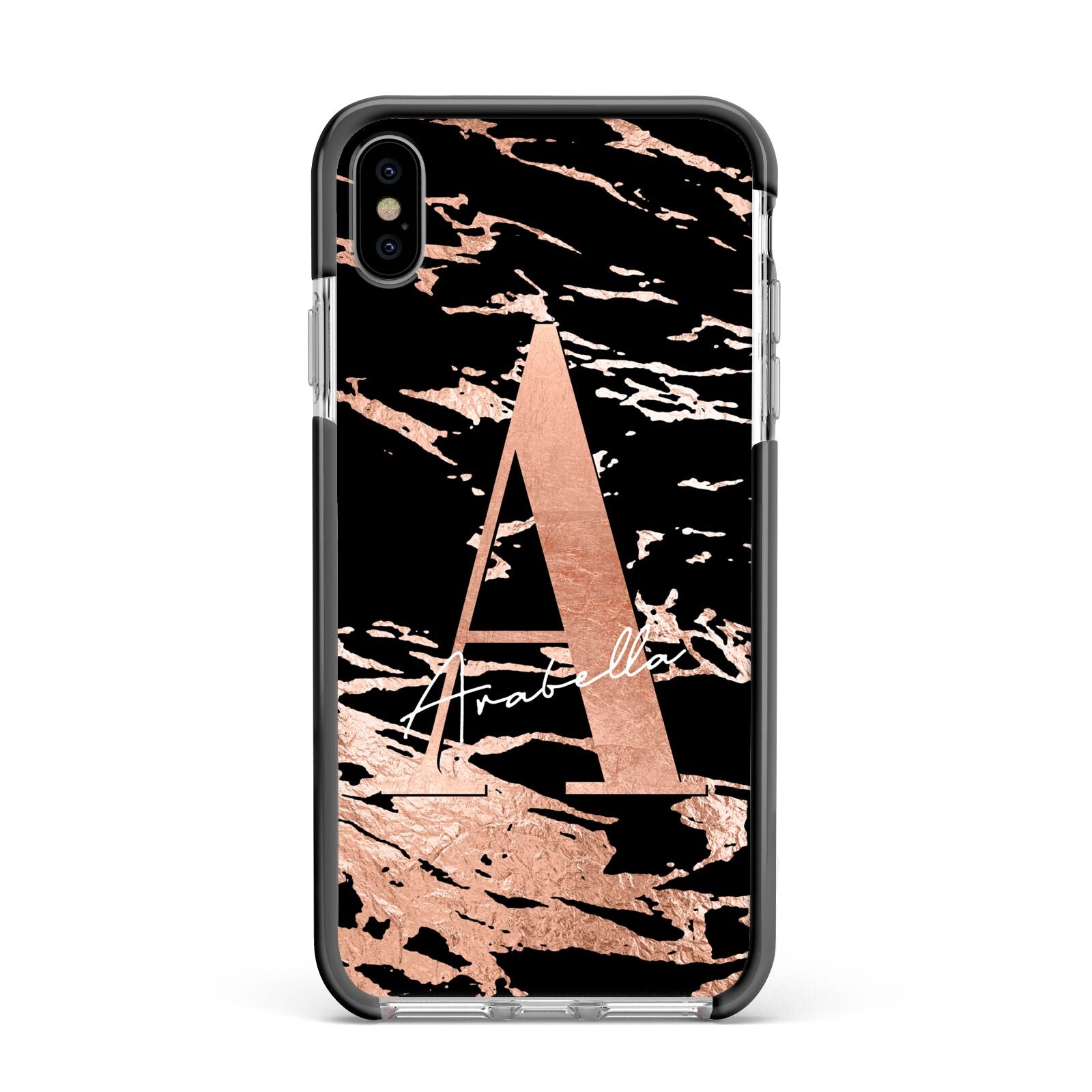 Personalised Black Copper Marble Apple iPhone Xs Max Impact Case Black Edge on Silver Phone