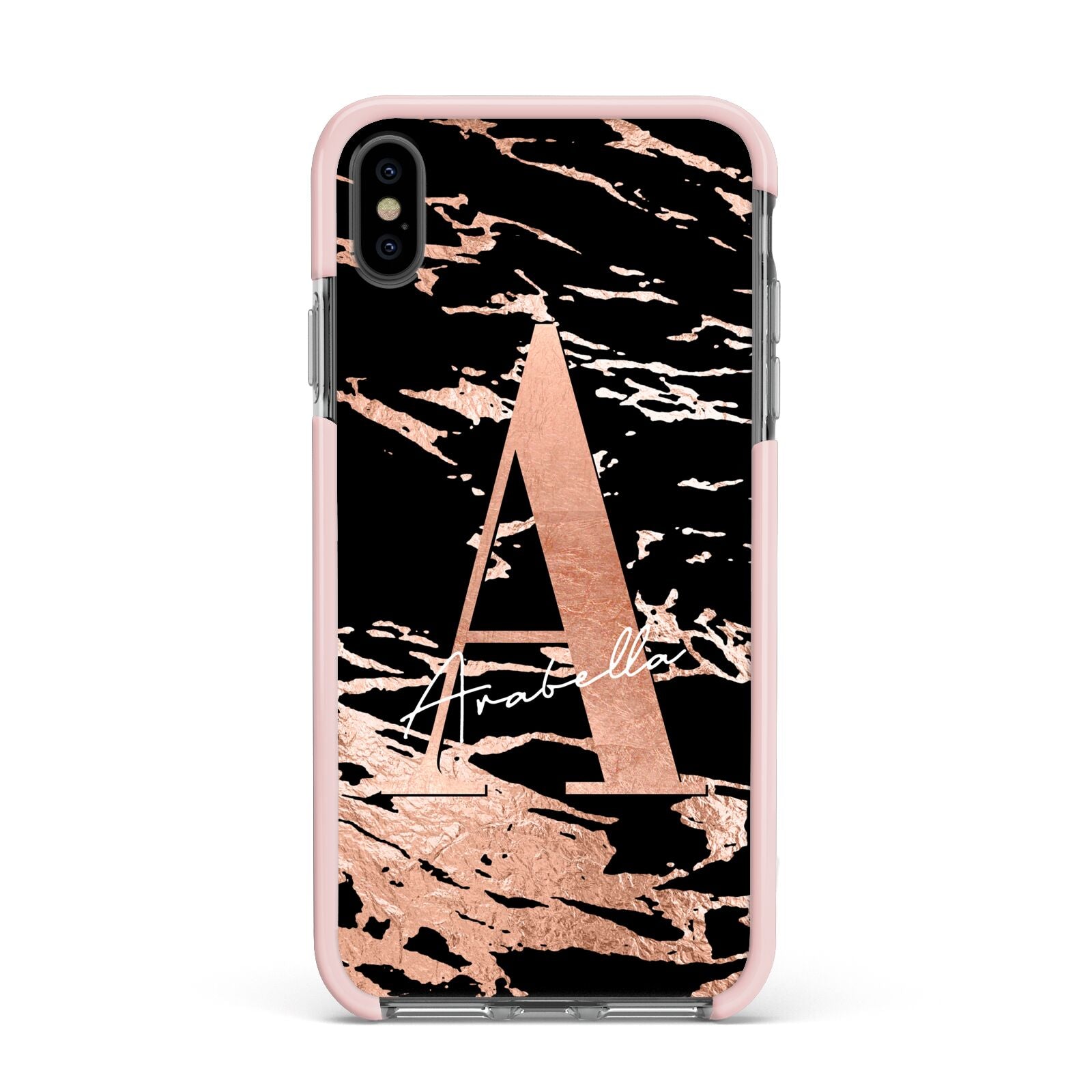 Personalised Black Copper Marble Apple iPhone Xs Max Impact Case Pink Edge on Black Phone