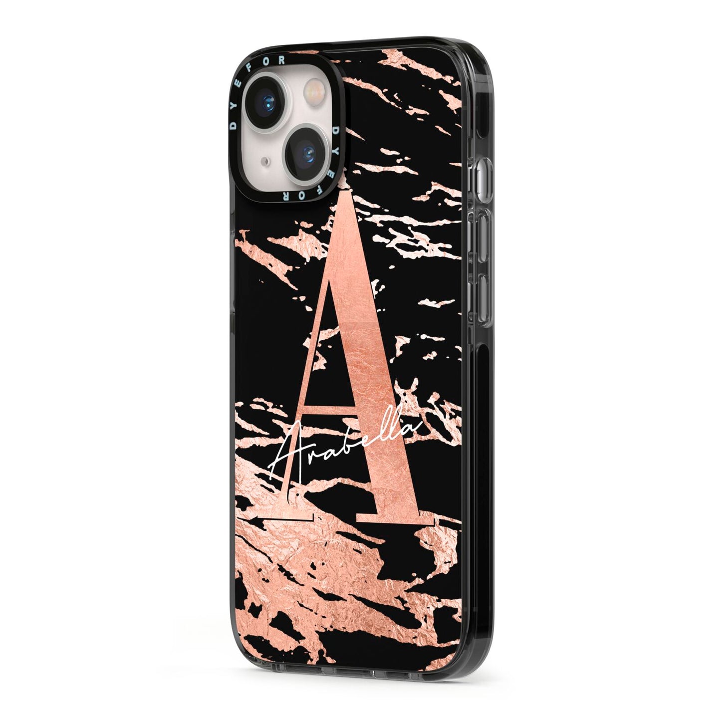 Personalised Black Copper Marble iPhone 13 Black Impact Case Side Angle on Silver phone