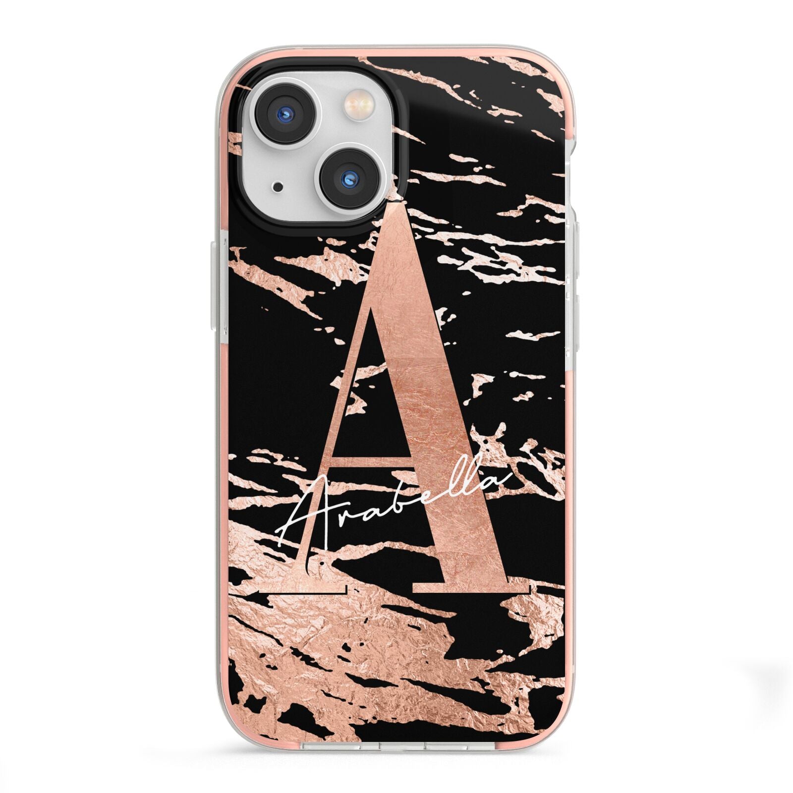 Personalised Black Copper Marble iPhone 13 Mini TPU Impact Case with Pink Edges
