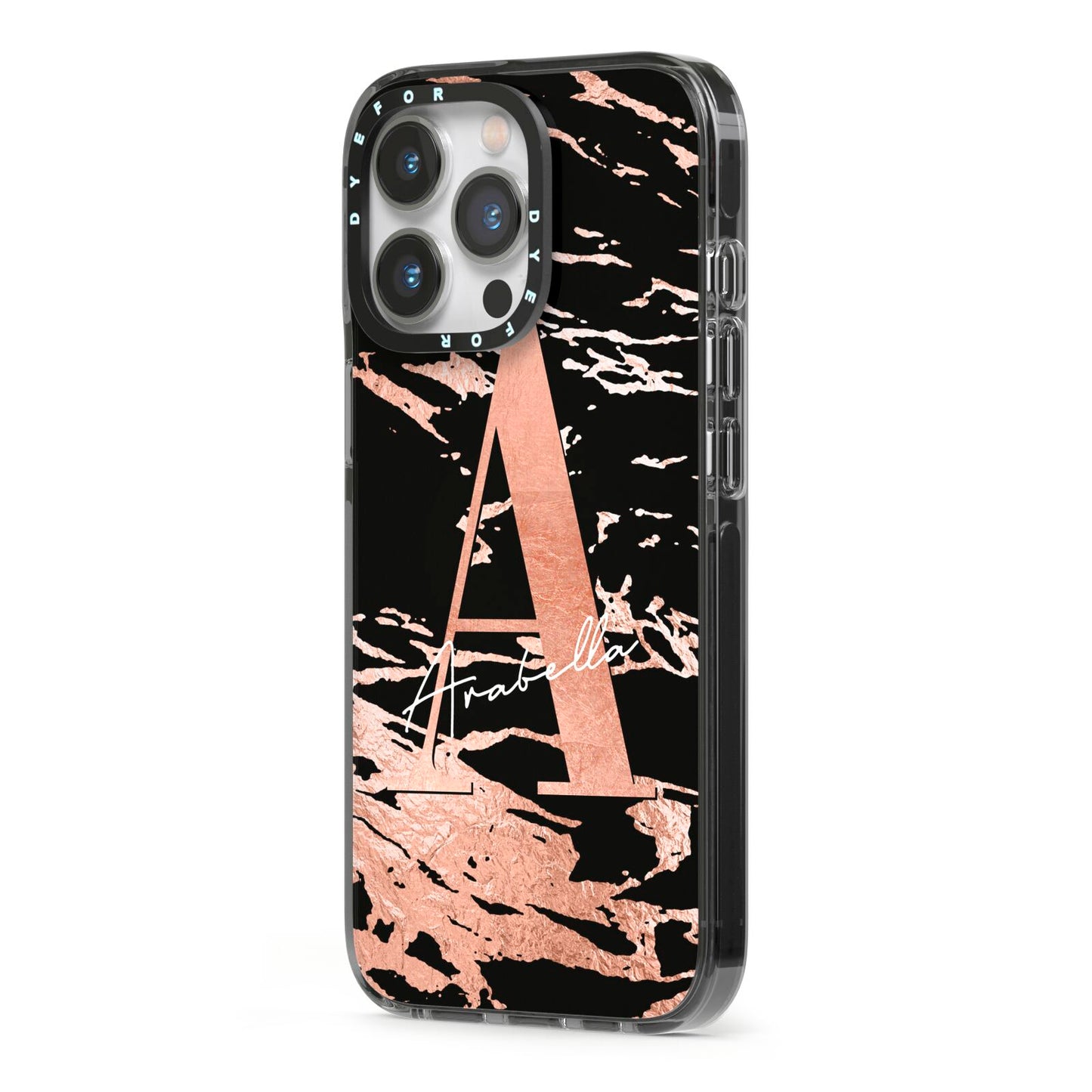 Personalised Black Copper Marble iPhone 13 Pro Black Impact Case Side Angle on Silver phone