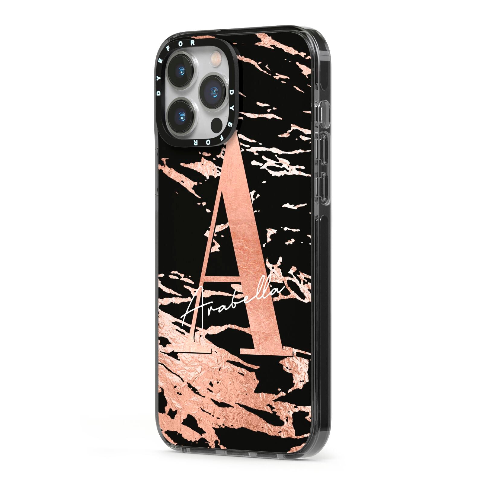 Personalised Black Copper Marble iPhone 13 Pro Max Black Impact Case Side Angle on Silver phone