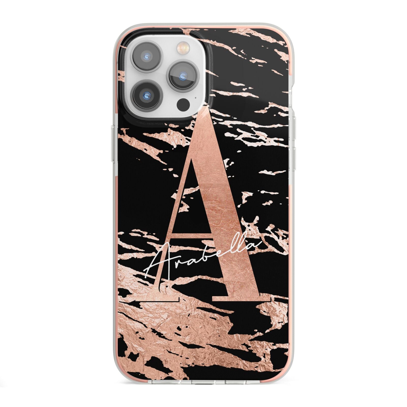 Personalised Black Copper Marble iPhone 13 Pro Max TPU Impact Case with Pink Edges