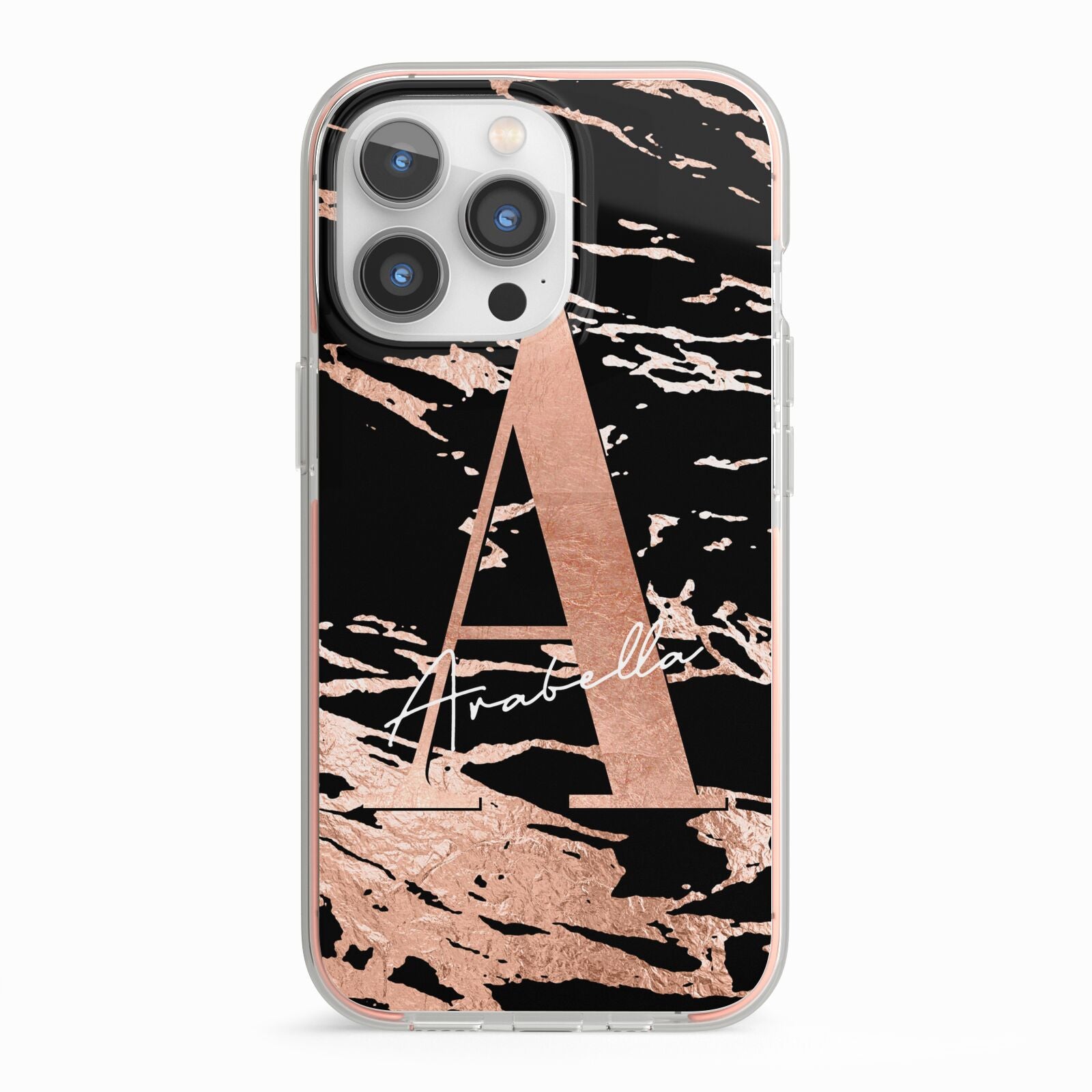 Personalised Black Copper Marble iPhone 13 Pro TPU Impact Case with Pink Edges