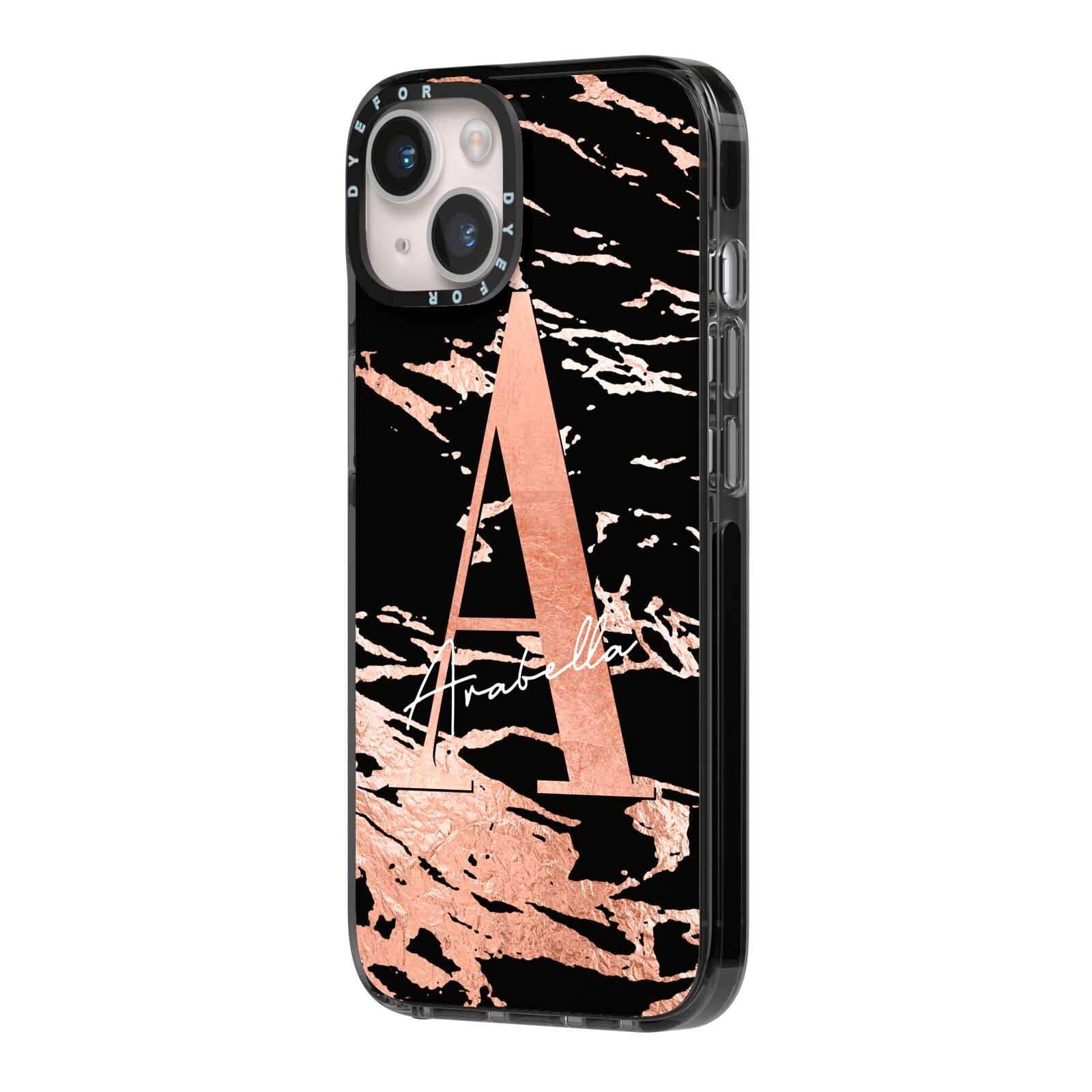 Personalised Black Copper Marble iPhone 14 Black Impact Case Side Angle on Silver phone