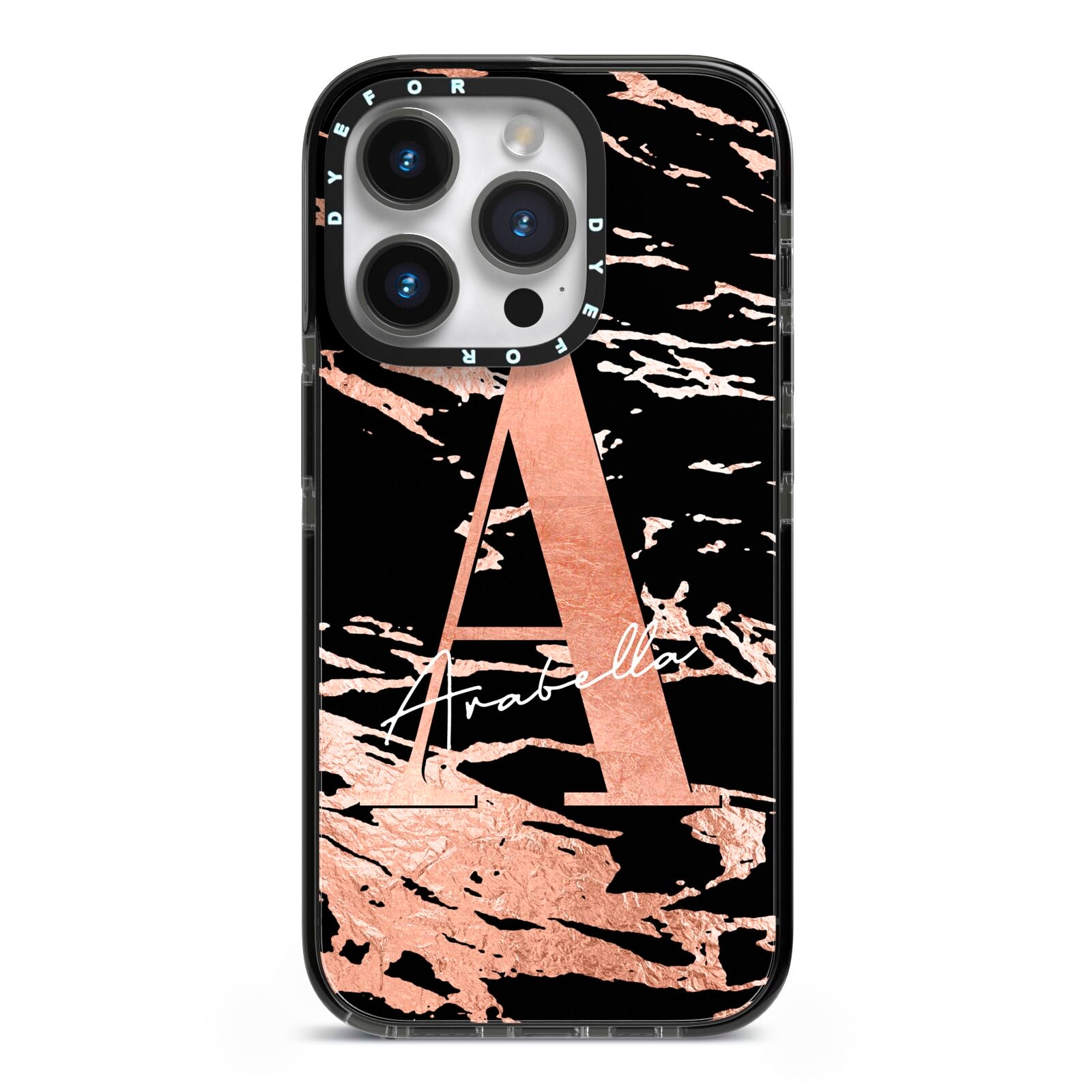 Personalised Black Copper Marble iPhone 14 Pro Black Impact Case on Silver phone