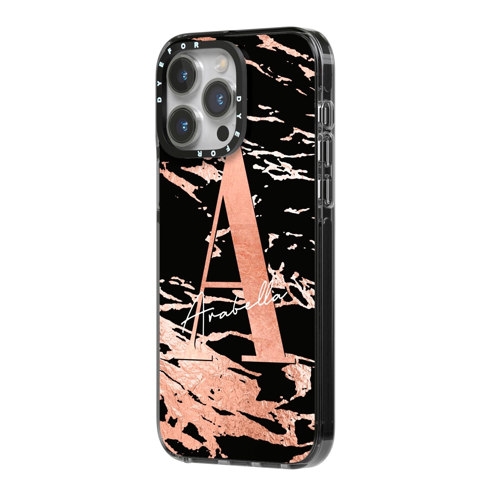 Personalised Black Copper Marble iPhone 14 Pro Max Black Impact Case Side Angle on Silver phone