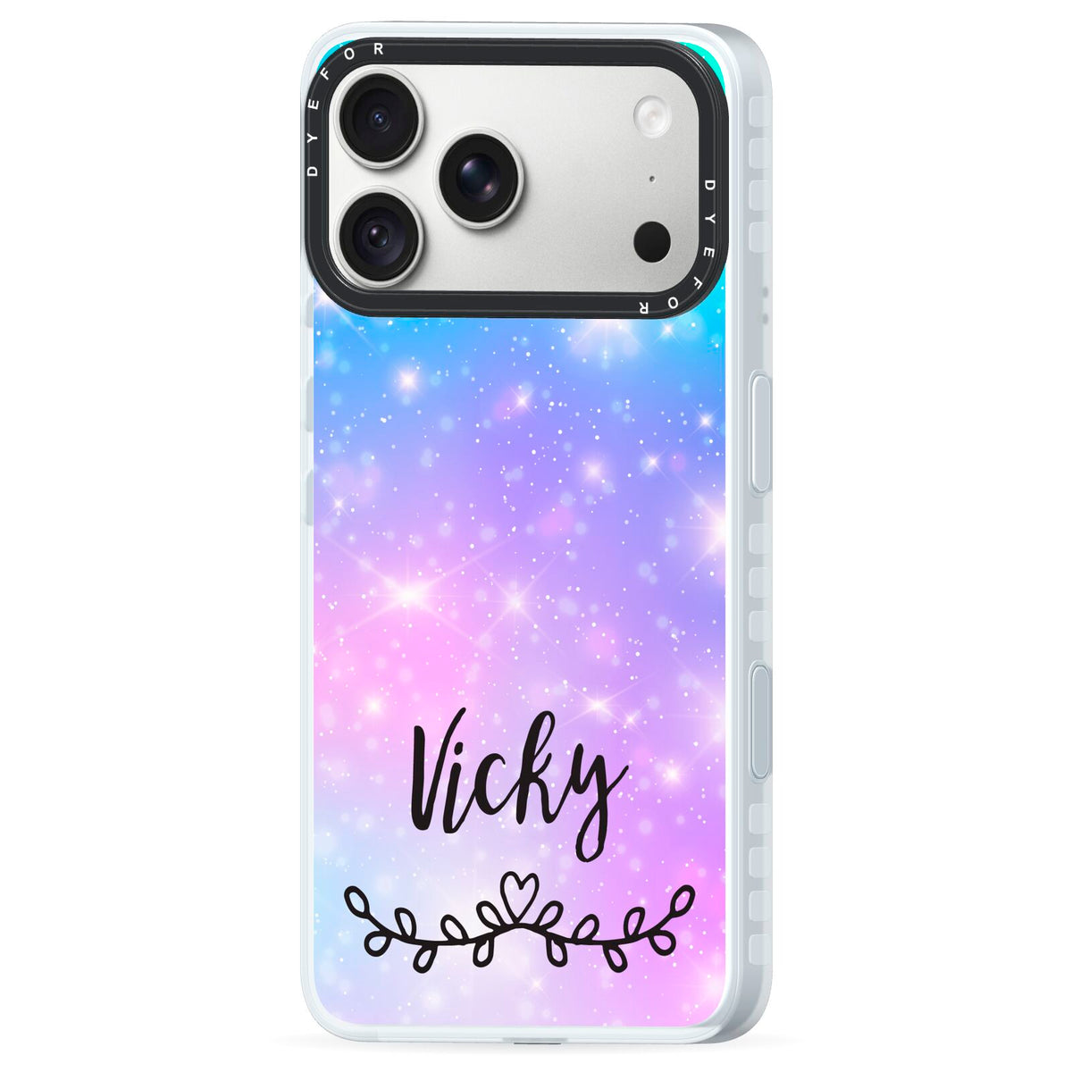 Personalised Black Name Purple Unicorn Marble iPhone 18 Pro Max Black Impact Pre order Case Side Angle on Silver phone