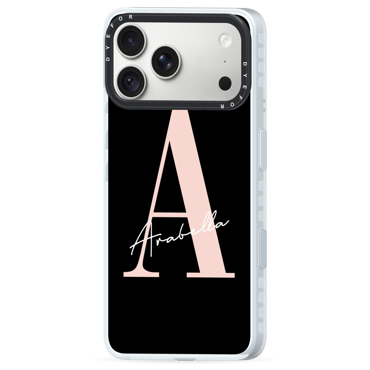 Personalised Black Pink Initial iPhone 18 Pro Max Black Impact Pre order Case Side Angle on Silver phone