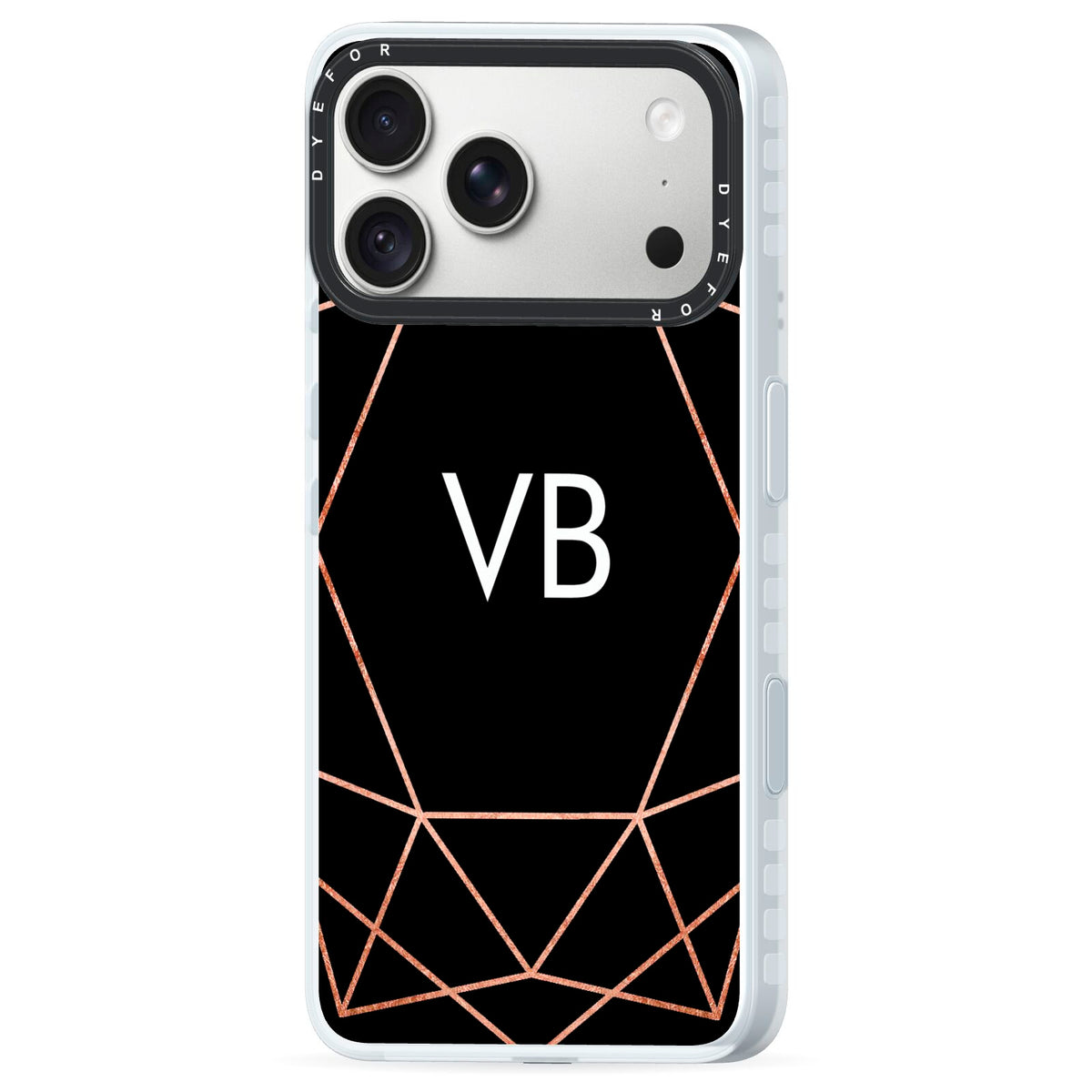 Personalised Black Rose Gold Initials Geometric iPhone 18 Pro Black Impact Pre order Case Side Angle on Silver phone
