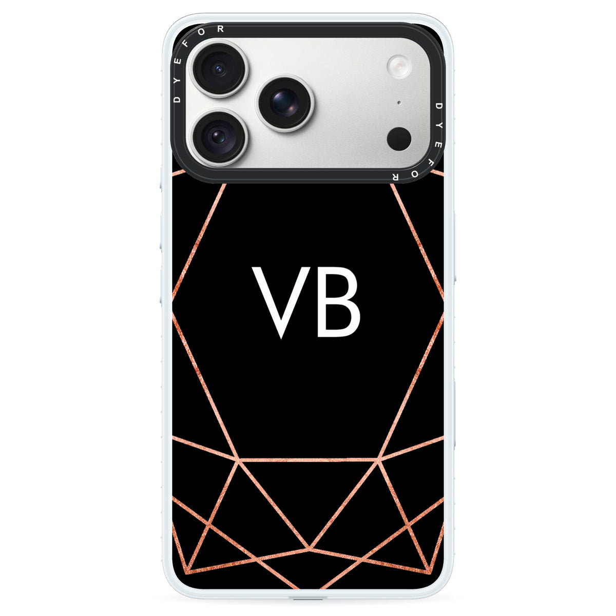 Personalised Black Rose Gold Initials Geometric iPhone 18 Pro Black Impact Pre order Case on Silver phone