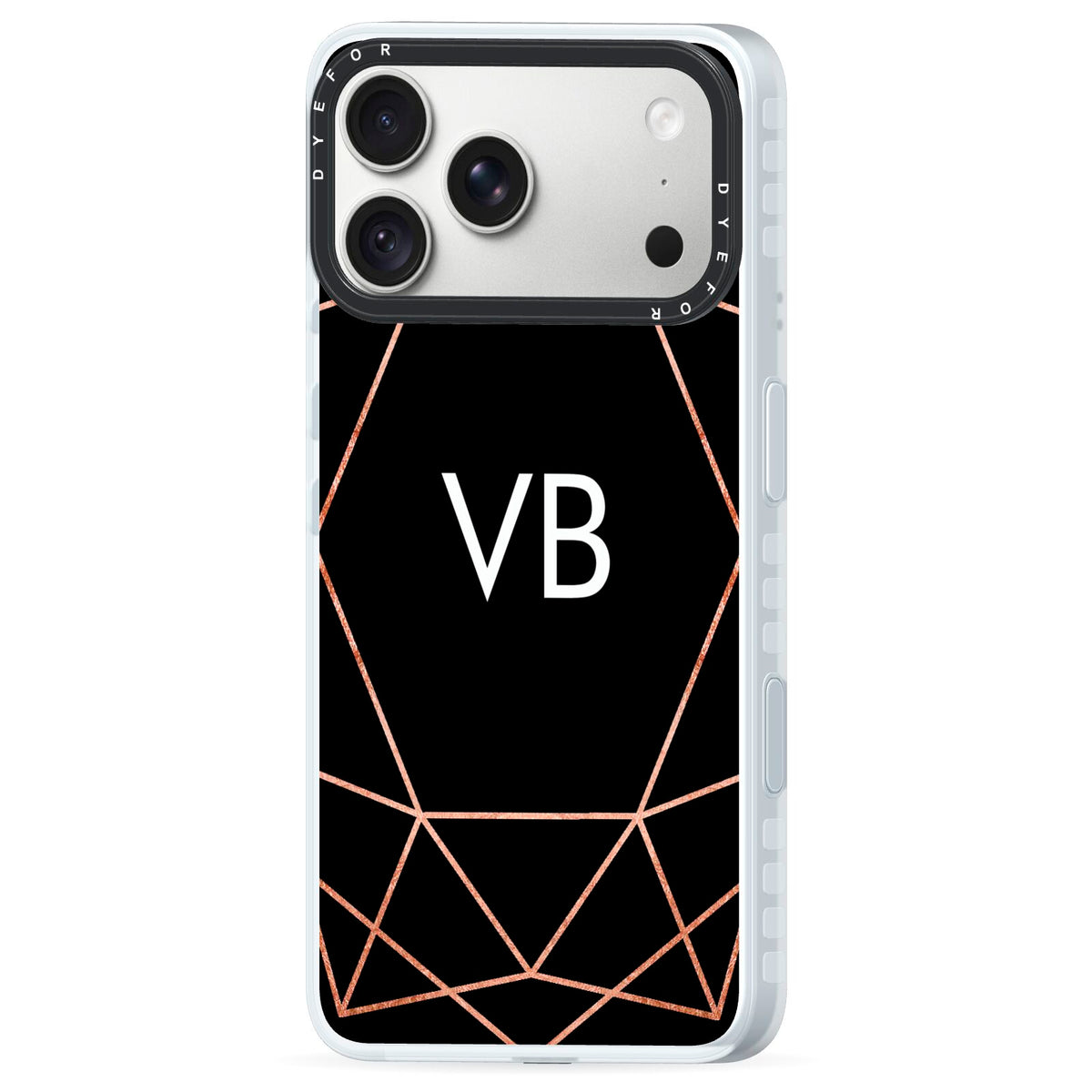 Personalised Black Rose Gold Initials Geometric iPhone 18 Pro Max Black Impact Pre order Case Side Angle on Silver phone