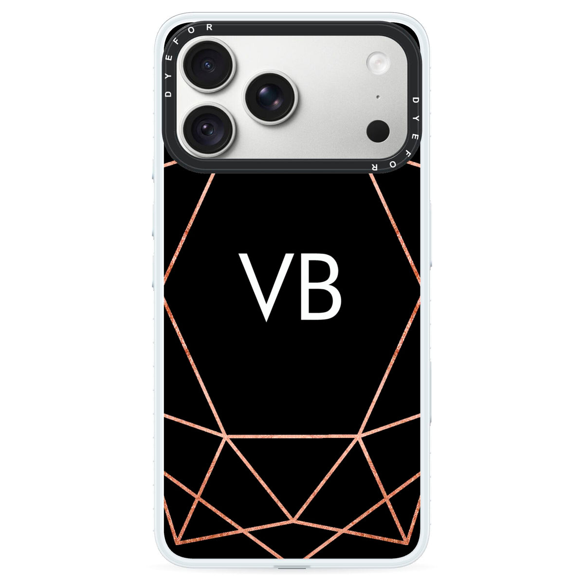 Personalised Black Rose Gold Initials Geometric iPhone 18 Pro Max Black Impact Pre order Case on Silver phone