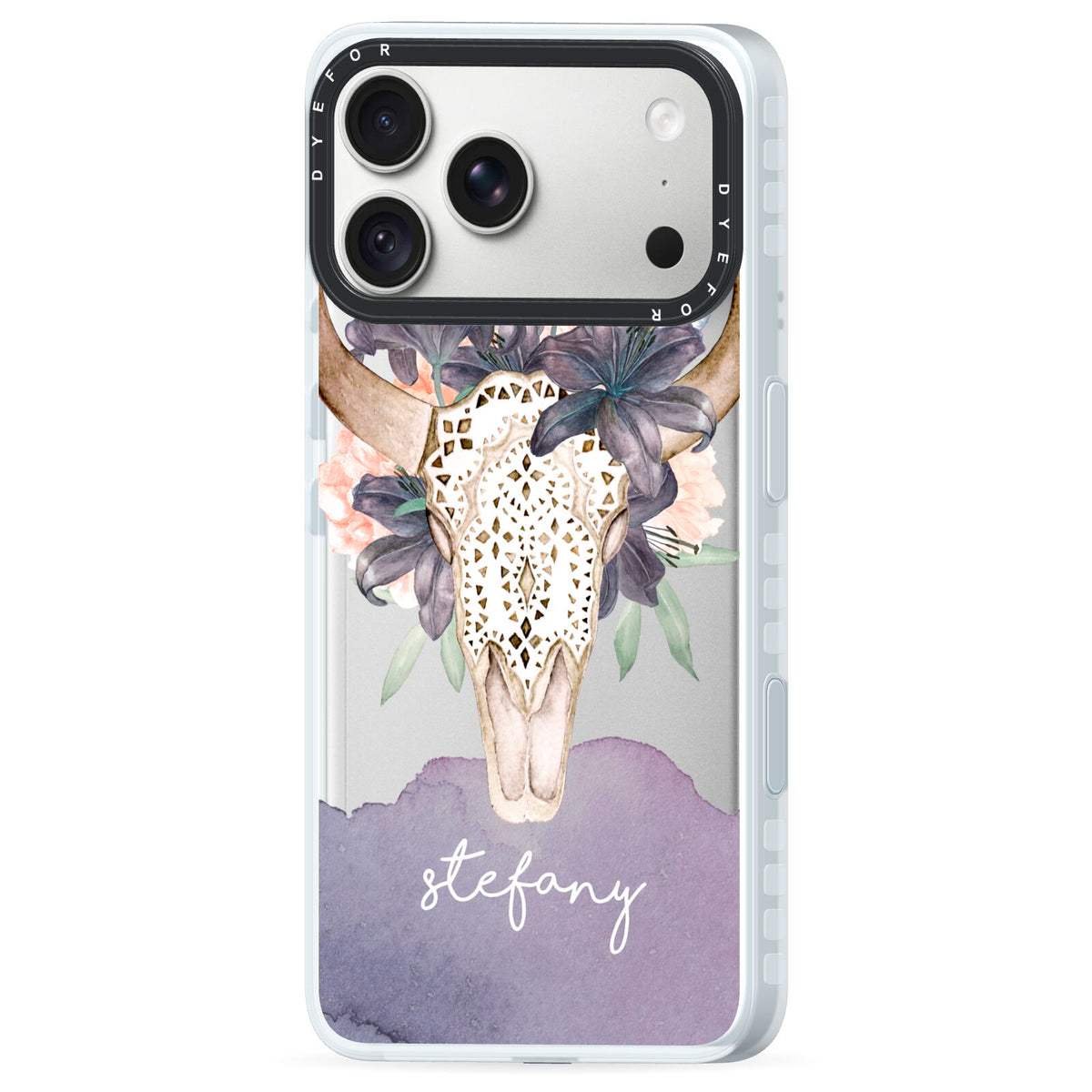 Personalised Bull s Head iPhone 18 Pro Black Impact Pre order Case Side Angle on Silver phone