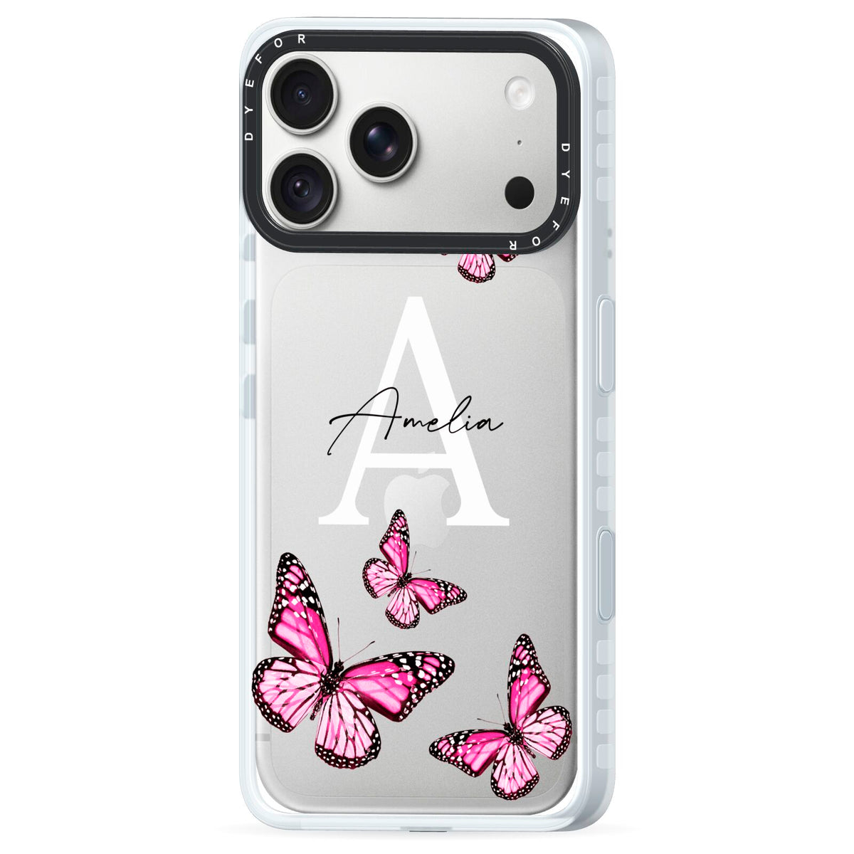 Personalised Butterfly iPhone 18 Pro Max Black Impact Pre order Case Side Angle on Silver phone