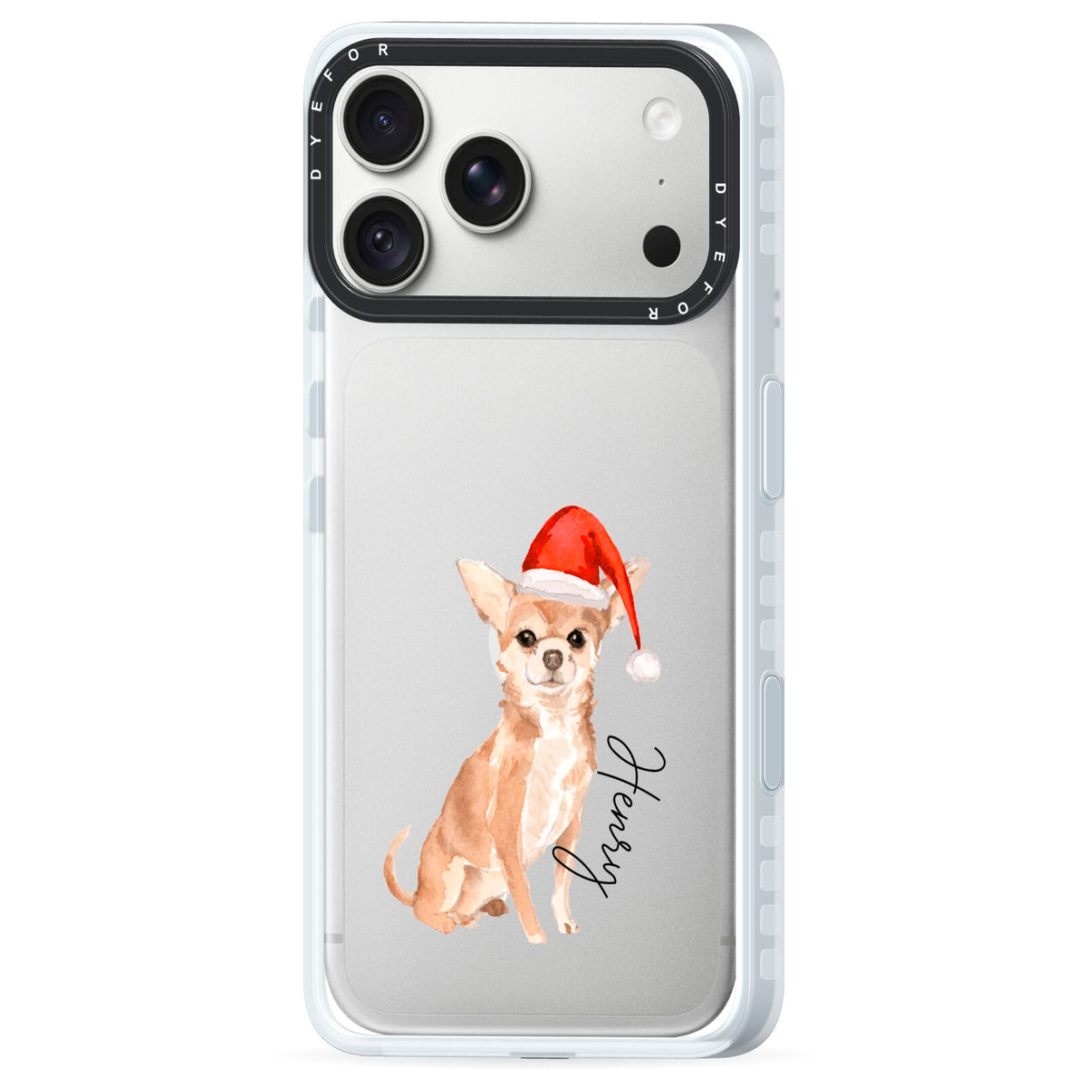 Personalised Christmas Chihuahua iPhone 18 Pro Black Impact Pre order Case Side Angle on Silver phone