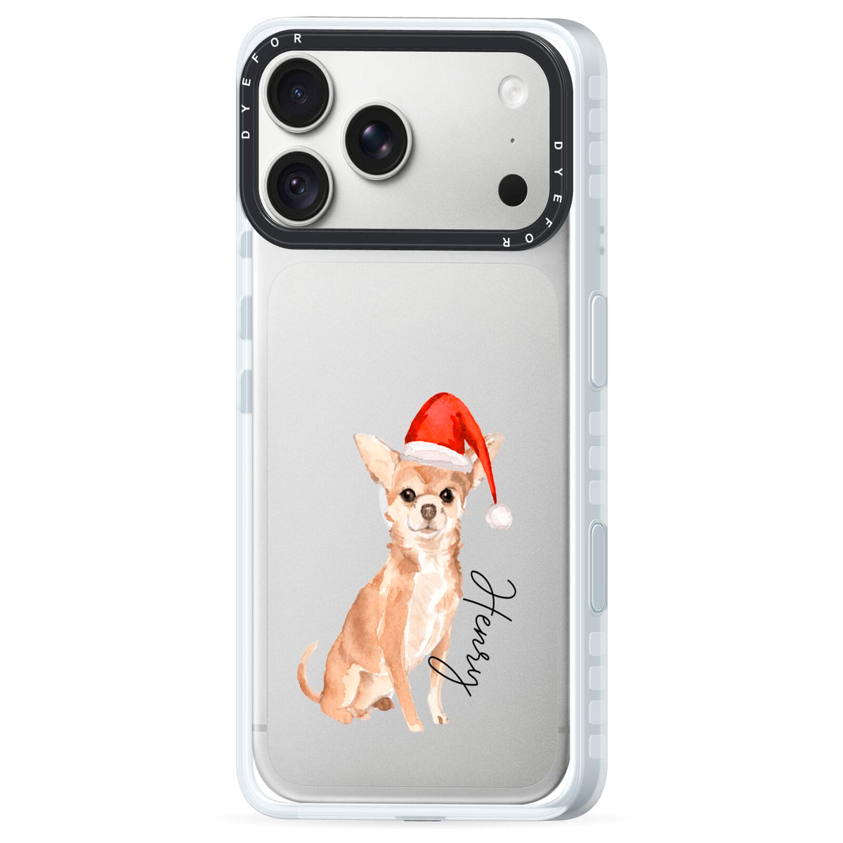 Personalised Christmas Chihuahua iPhone 18 Pro Max Black Impact Pre order Case Side Angle on Silver phone