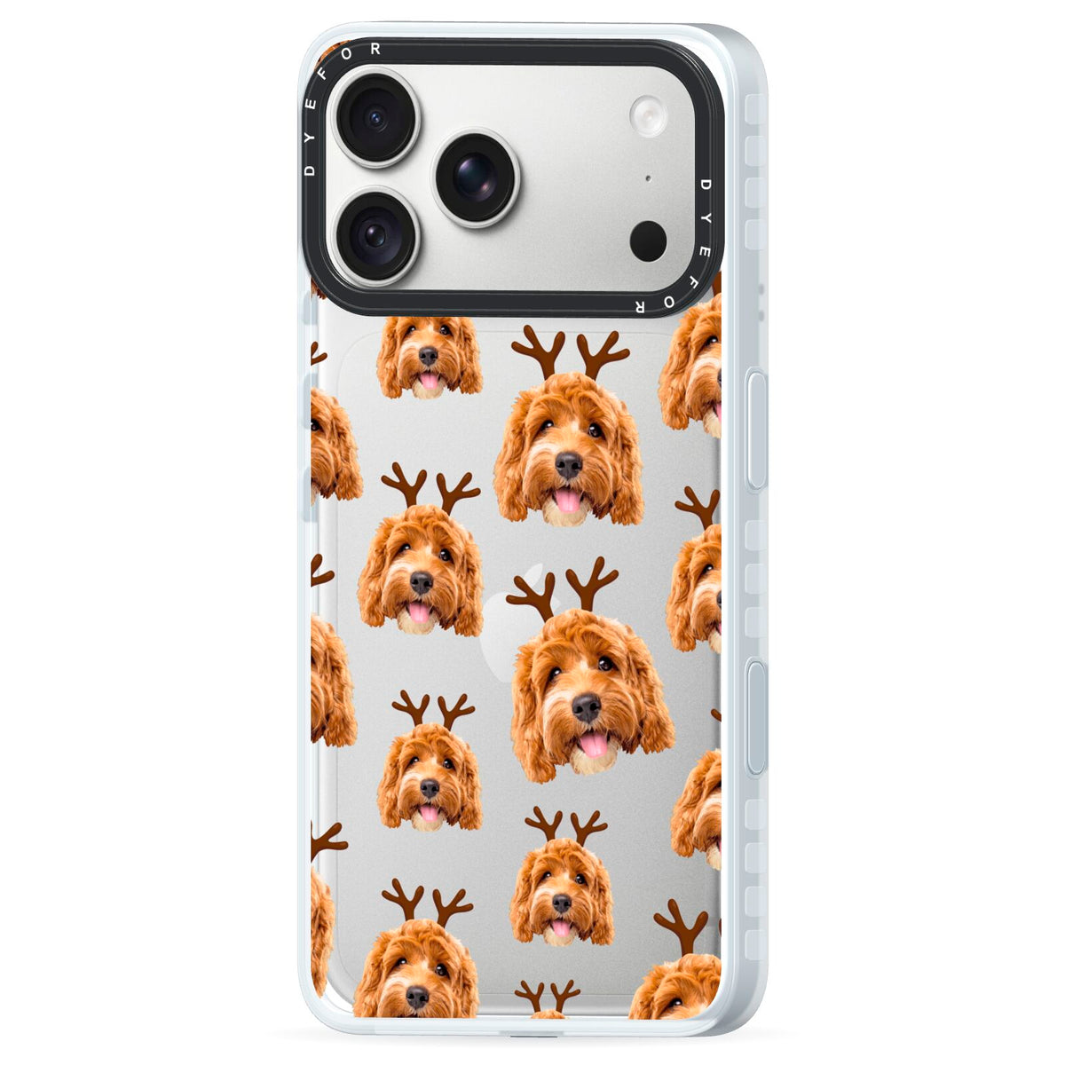 Personalised Christmas Dog Antler iPhone 18 Pro Black Impact Pre order Case Side Angle on Silver phone
