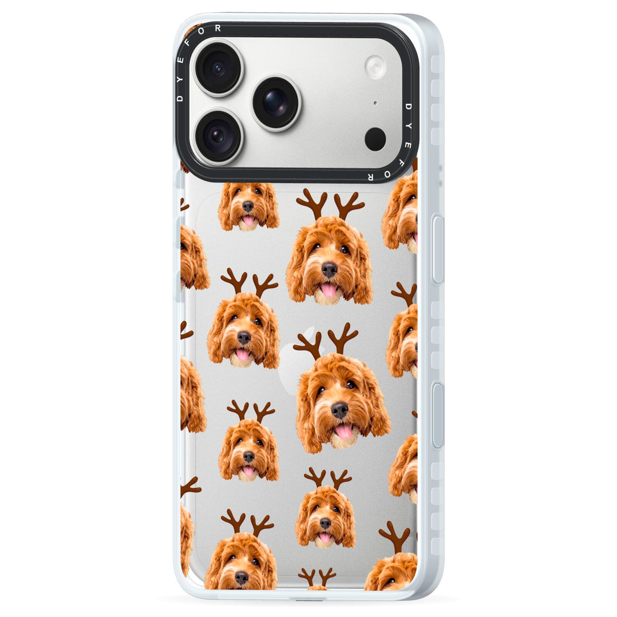 Personalised Christmas Dog Antler iPhone 18 Pro Max Black Impact Pre order Case Side Angle on Silver phone