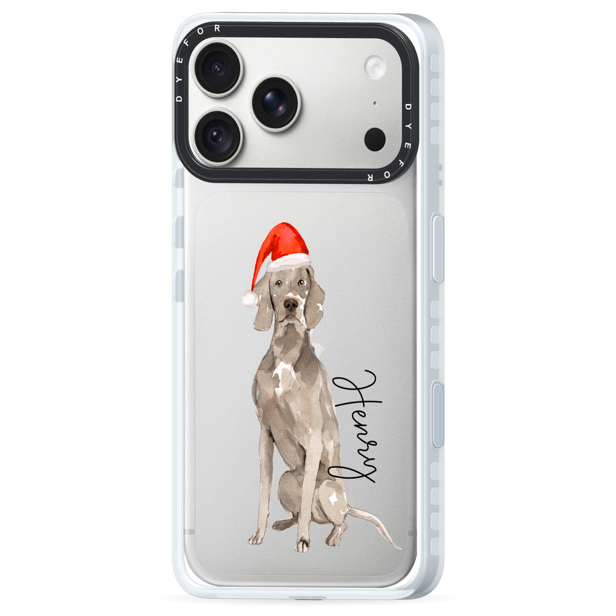 Personalised Christmas Weimaraner iPhone 18 Pro Black Impact Pre order Case Side Angle on Silver phone