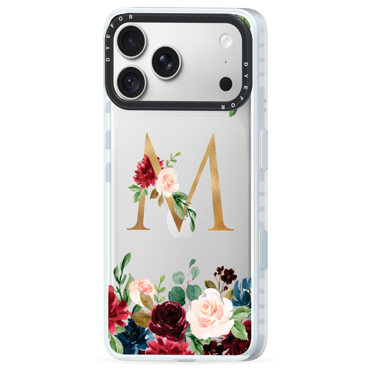 Personalised Clear Monogram Floral iPhone 18 Pro Black Impact Pre order Case Side Angle on Silver phone