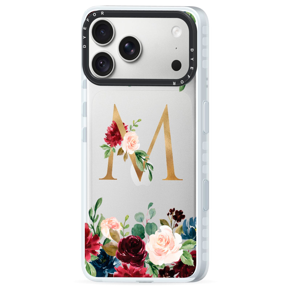 Personalised Clear Monogram Floral iPhone 18 Pro Max Black Impact Pre order Case Side Angle on Silver phone