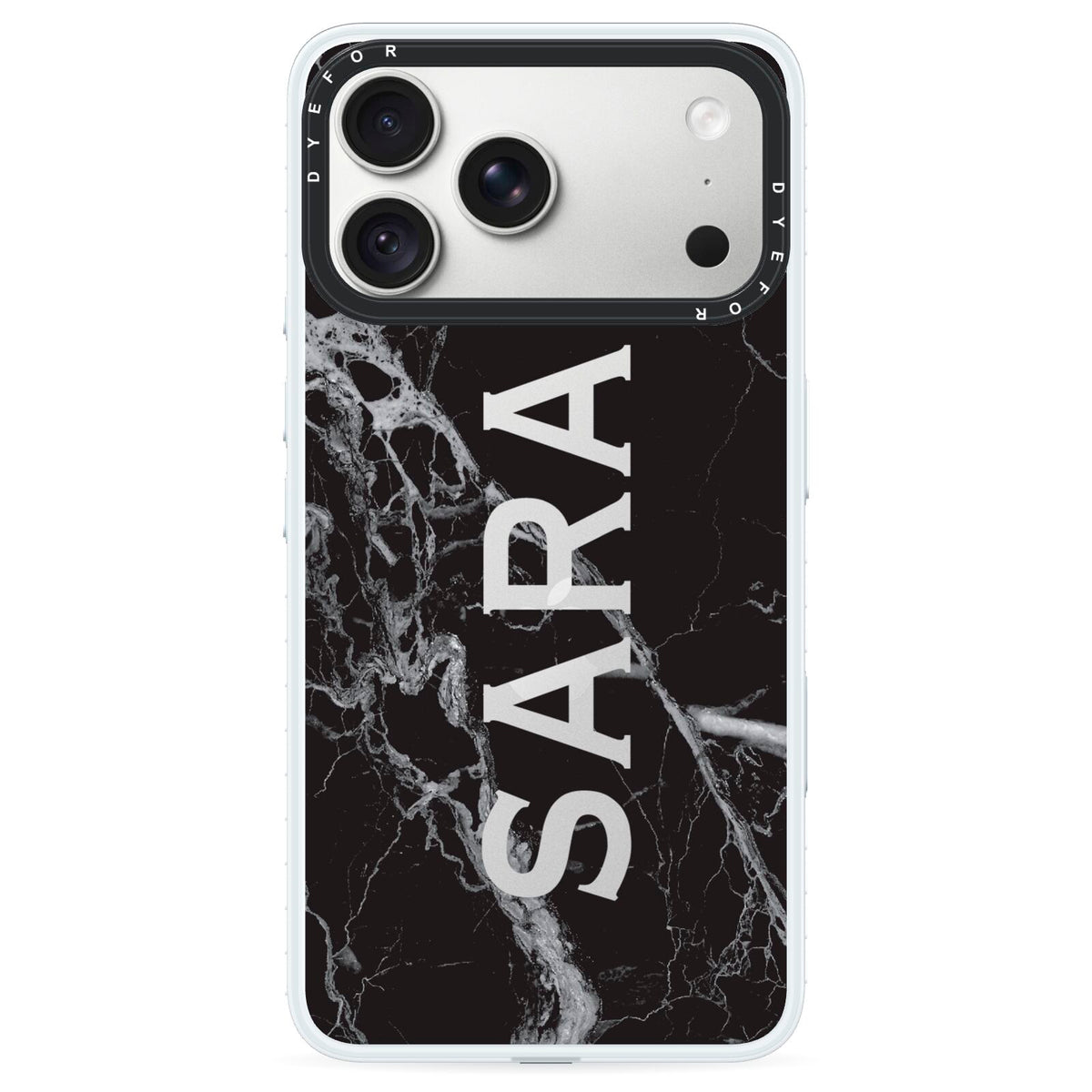 Personalised Clear Name Cutout Black Marble Custom iPhone 18 Pro Black Impact Pre order Case on Silver phone