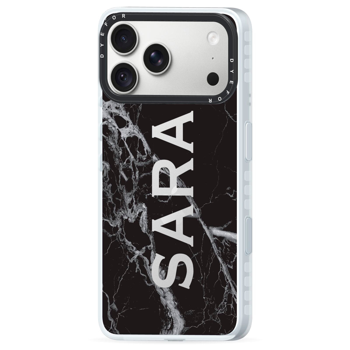 Personalised Clear Name Cutout Black Marble Custom iPhone 18 Pro Max Black Impact Pre order Case Side Angle on Silver phone
