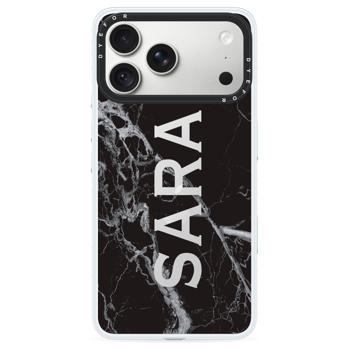 Personalised Clear Name Cutout Black Marble Custom iPhone 18 Pro Max Black Impact Pre order Case on Silver phone