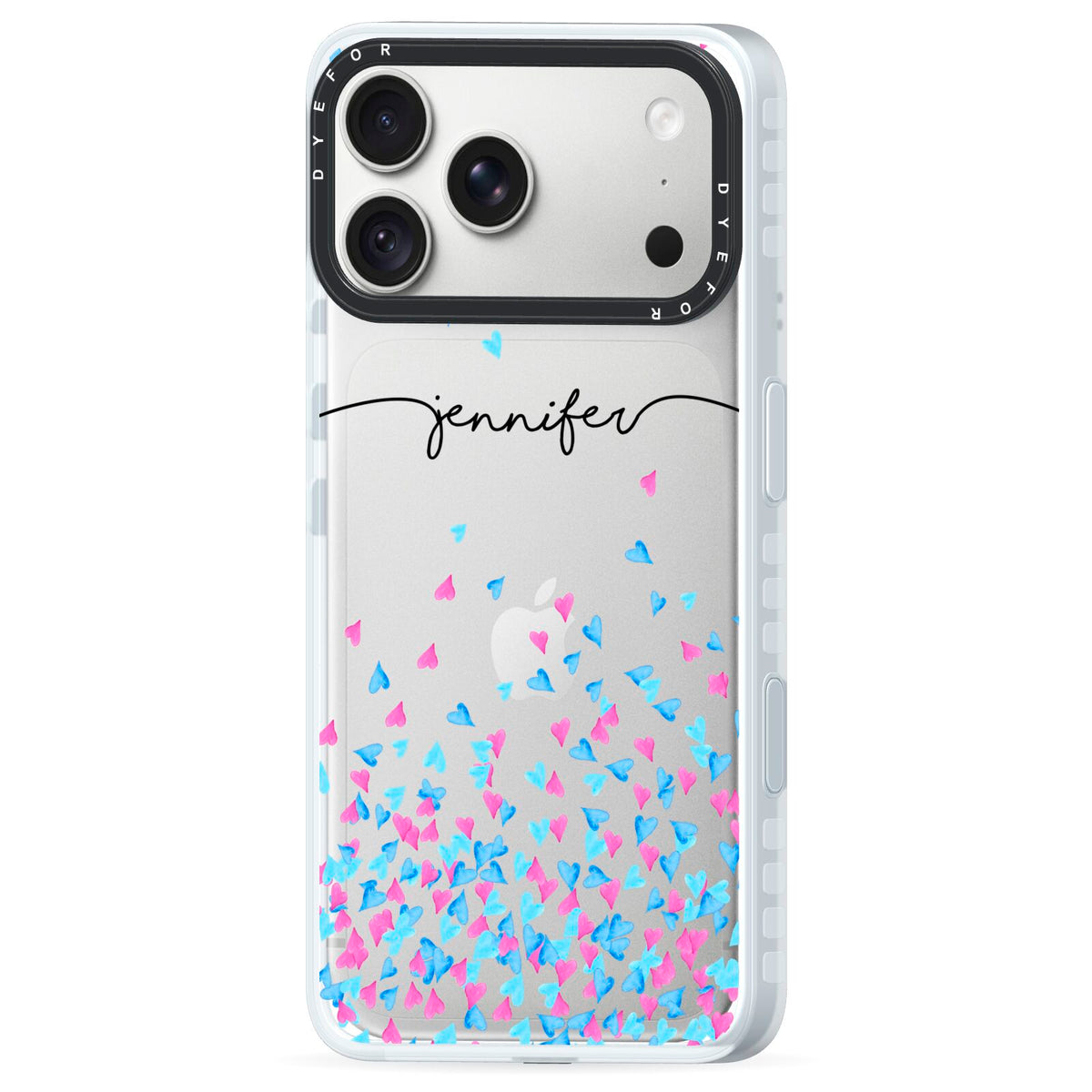 Personalised Confetti Hearts iPhone 18 Pro Max Black Impact Pre order Case Side Angle on Silver phone