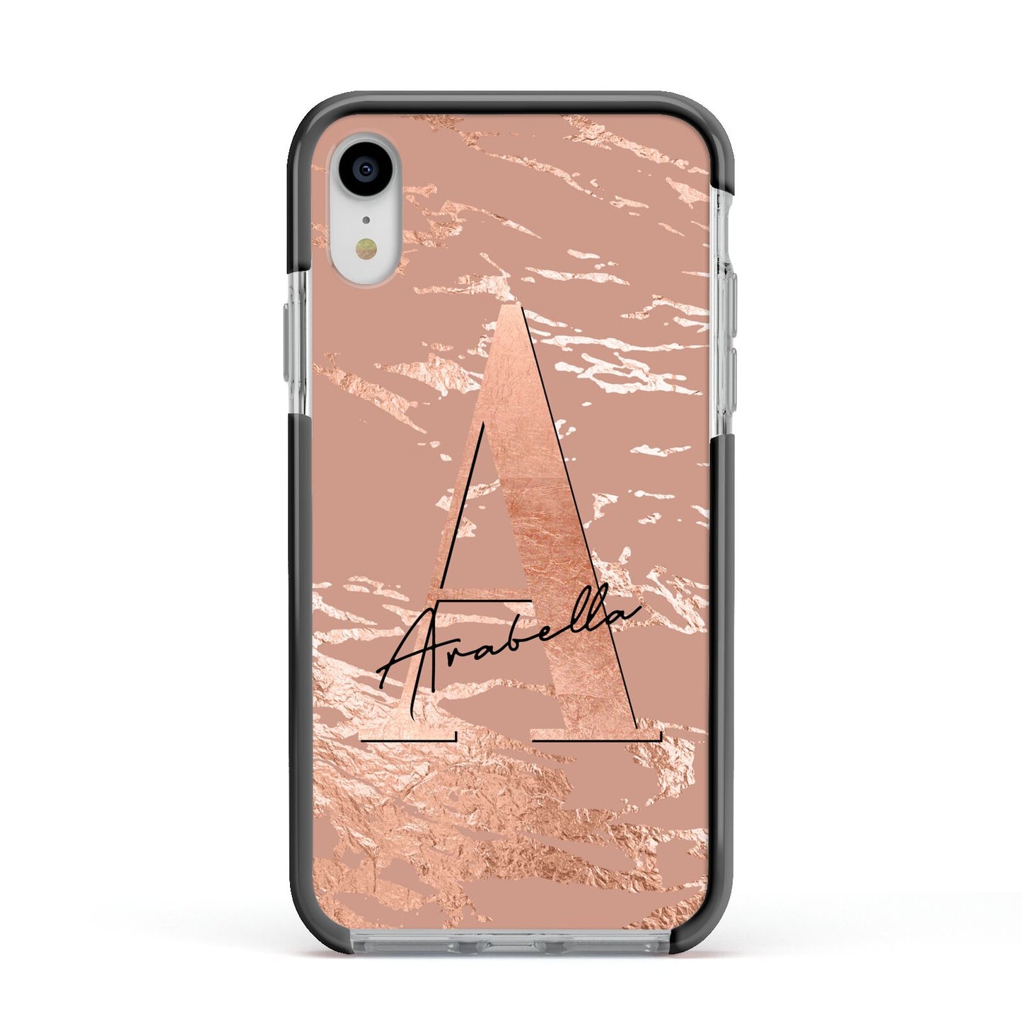 Personalised Copper Taupe Marble Apple iPhone XR Impact Case Black Edge on Silver Phone