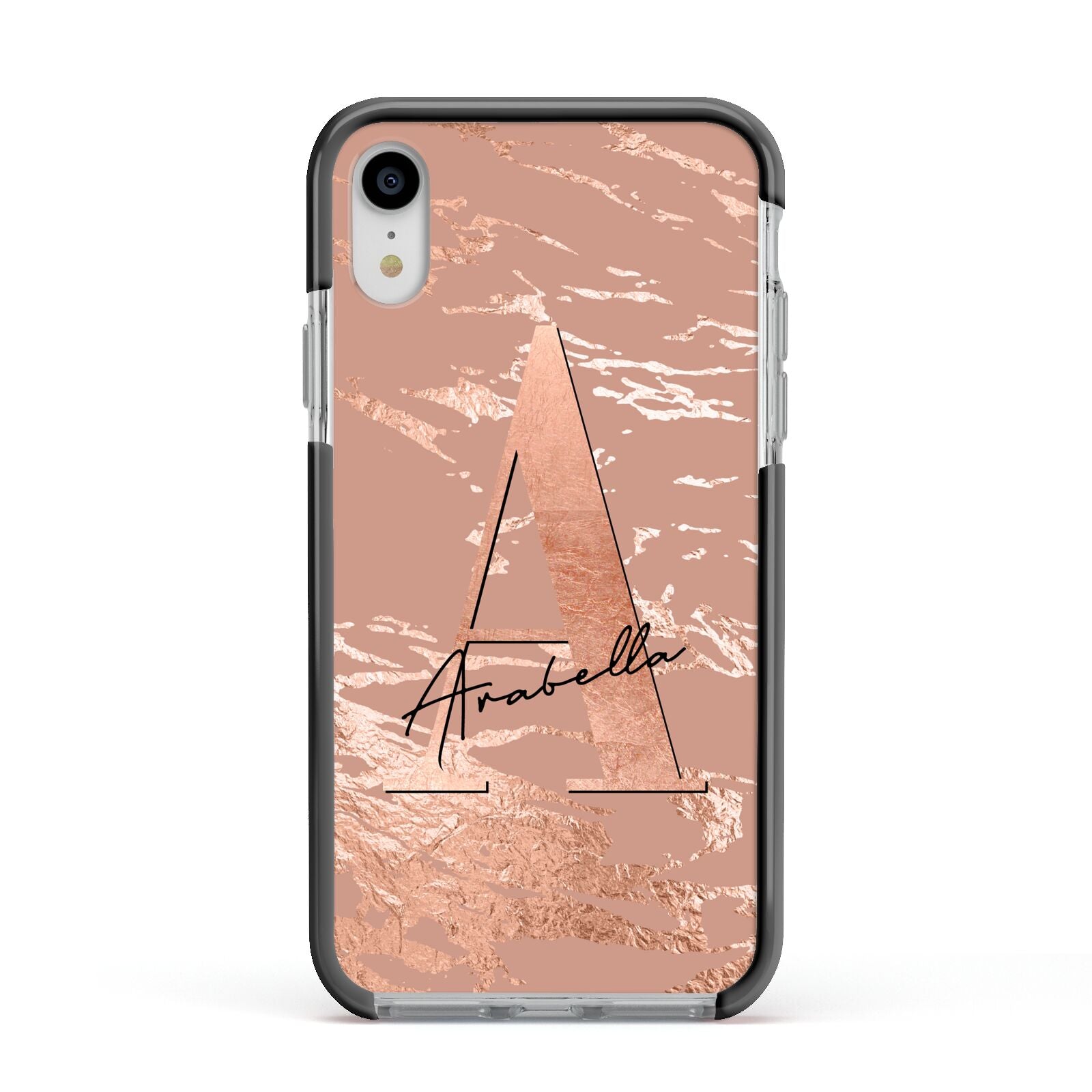 Personalised Copper Taupe Marble Apple iPhone XR Impact Case Black Edge on Silver Phone