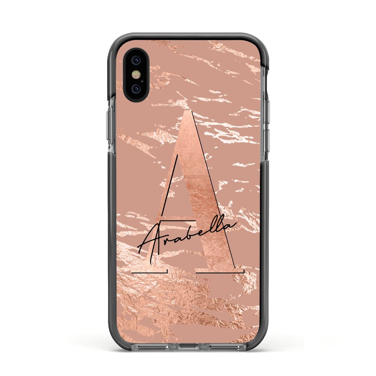 Personalised Copper Taupe Marble Apple iPhone Xs Impact Case Black Edge on Black Phone