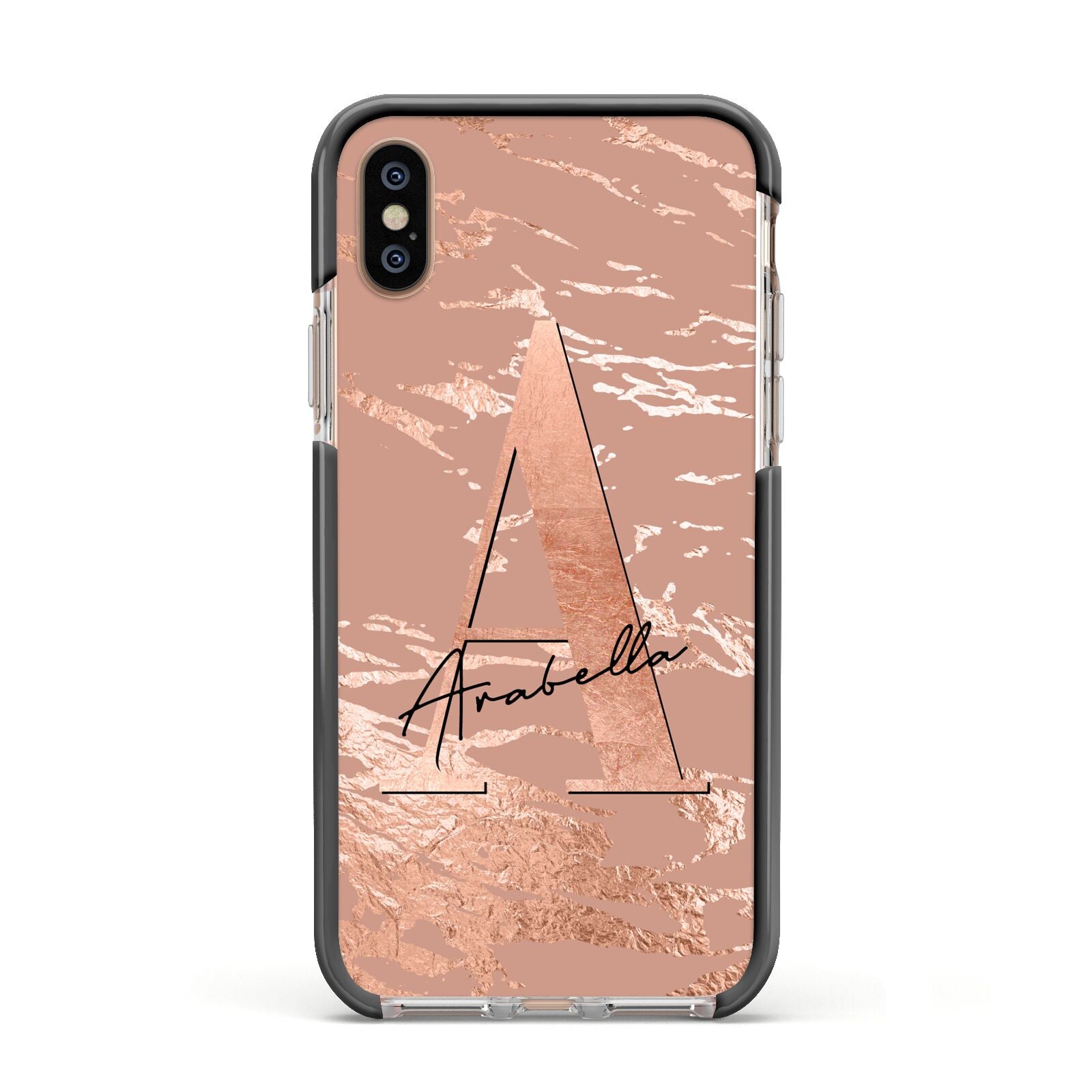 Personalised Copper Taupe Marble Apple iPhone Xs Impact Case Black Edge on Gold Phone